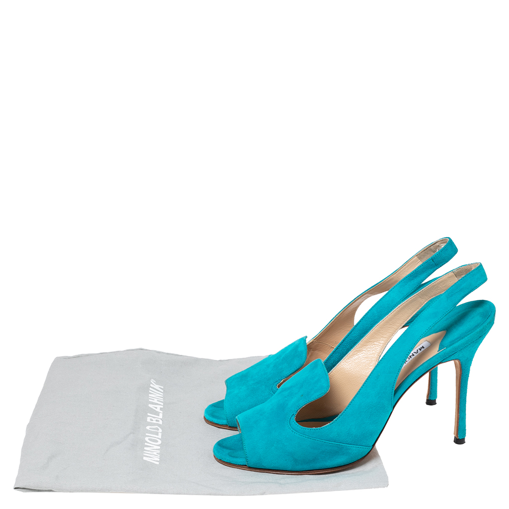 Manolo Blahnik Aqua Blue Suede Slingback Peep-Toe Sandals Size 37