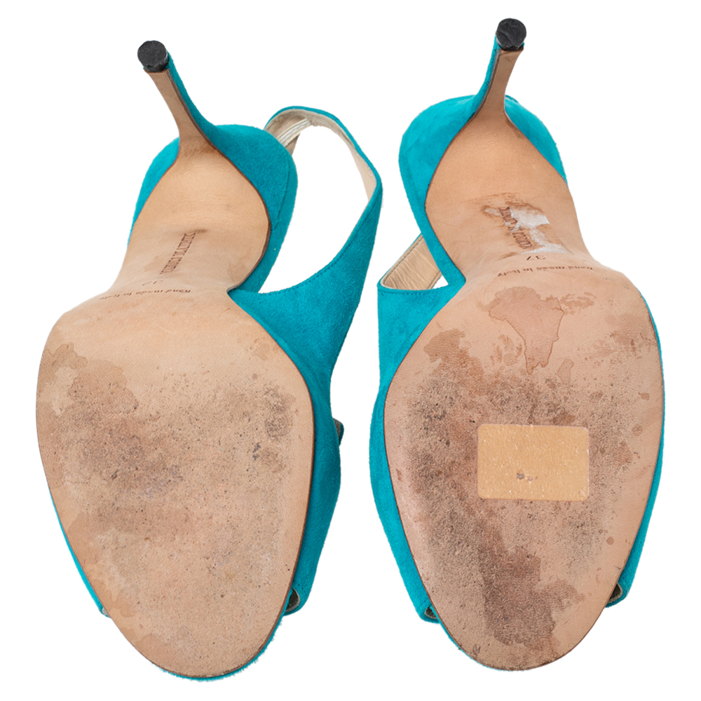 Manolo Blahnik Aqua Blue Suede Slingback Peep-Toe Sandals Size 37