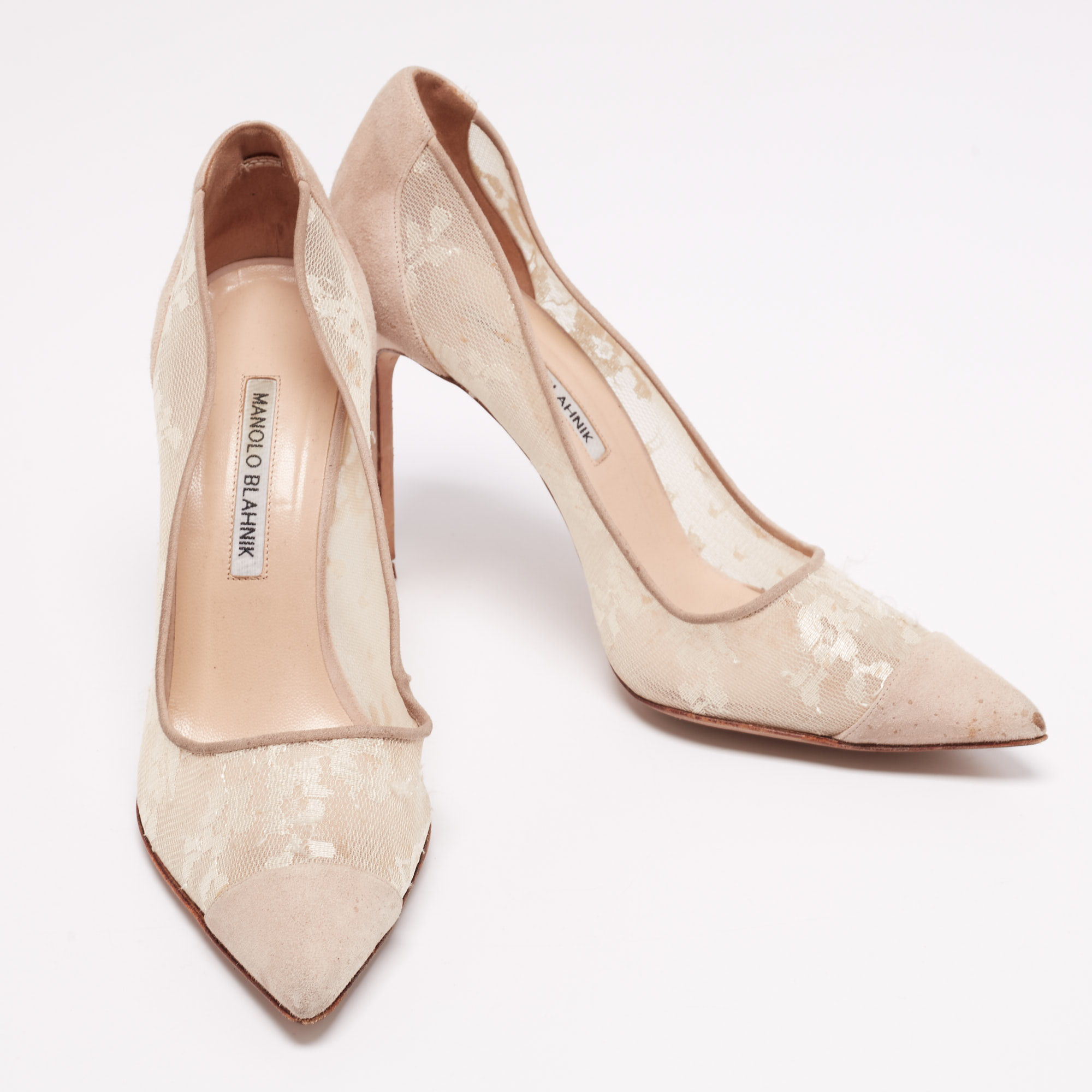 Manolo Blahnik Beige Suede And Lace Pointed-Toe Pumps Size 40