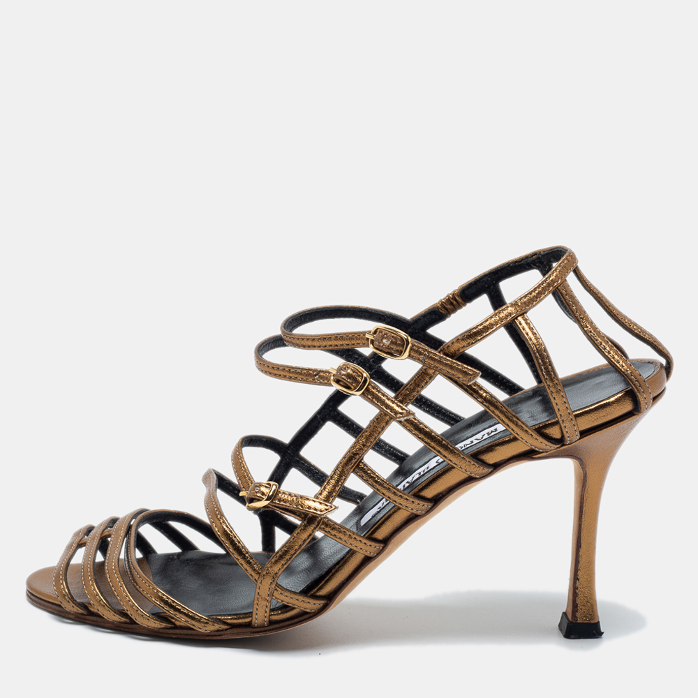 Manolo Blahnik Metallic Leather Strappy Sandals Size 37