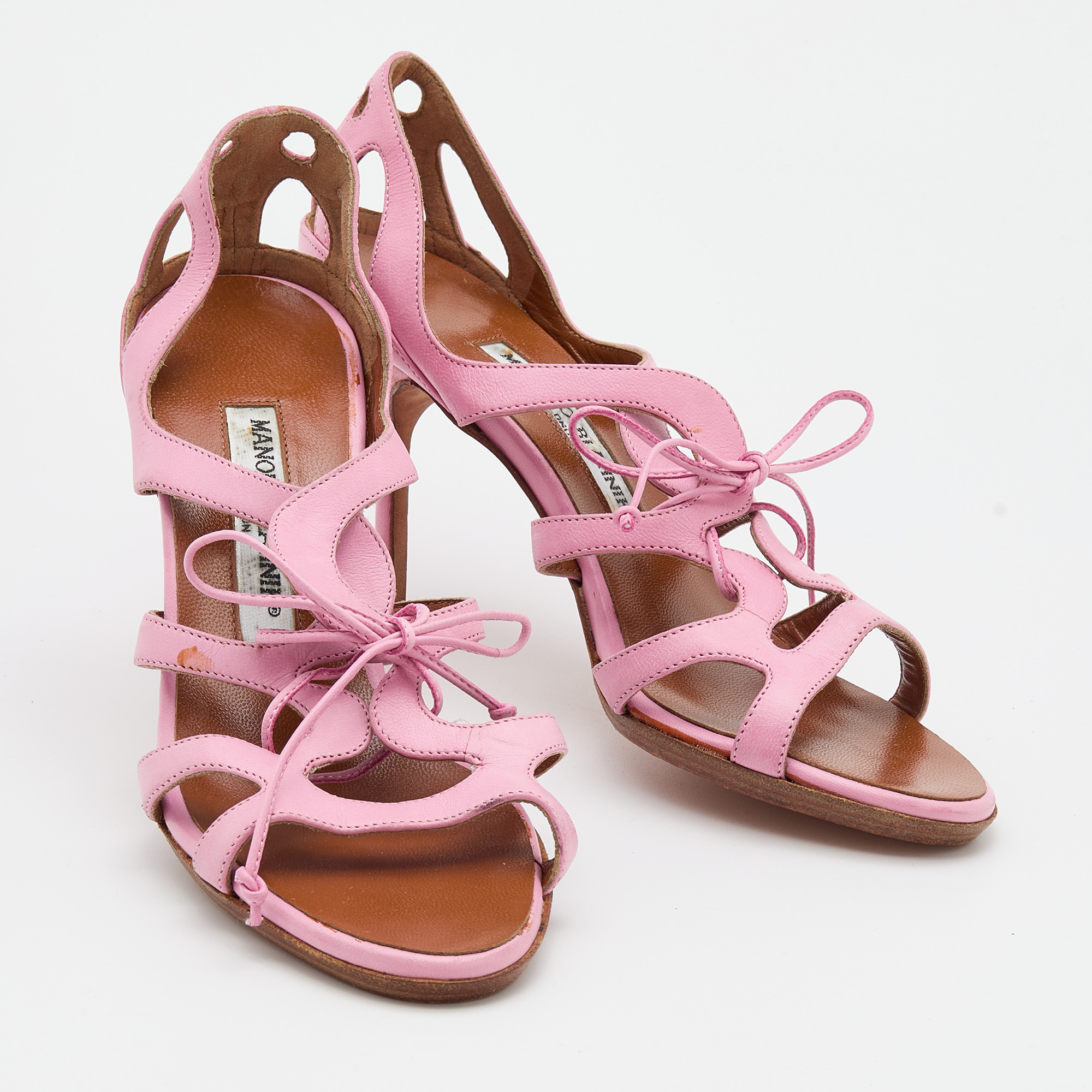 Manolo Blahnik Pink Leather Strappy Ankle Tie Sandals Size 36.5