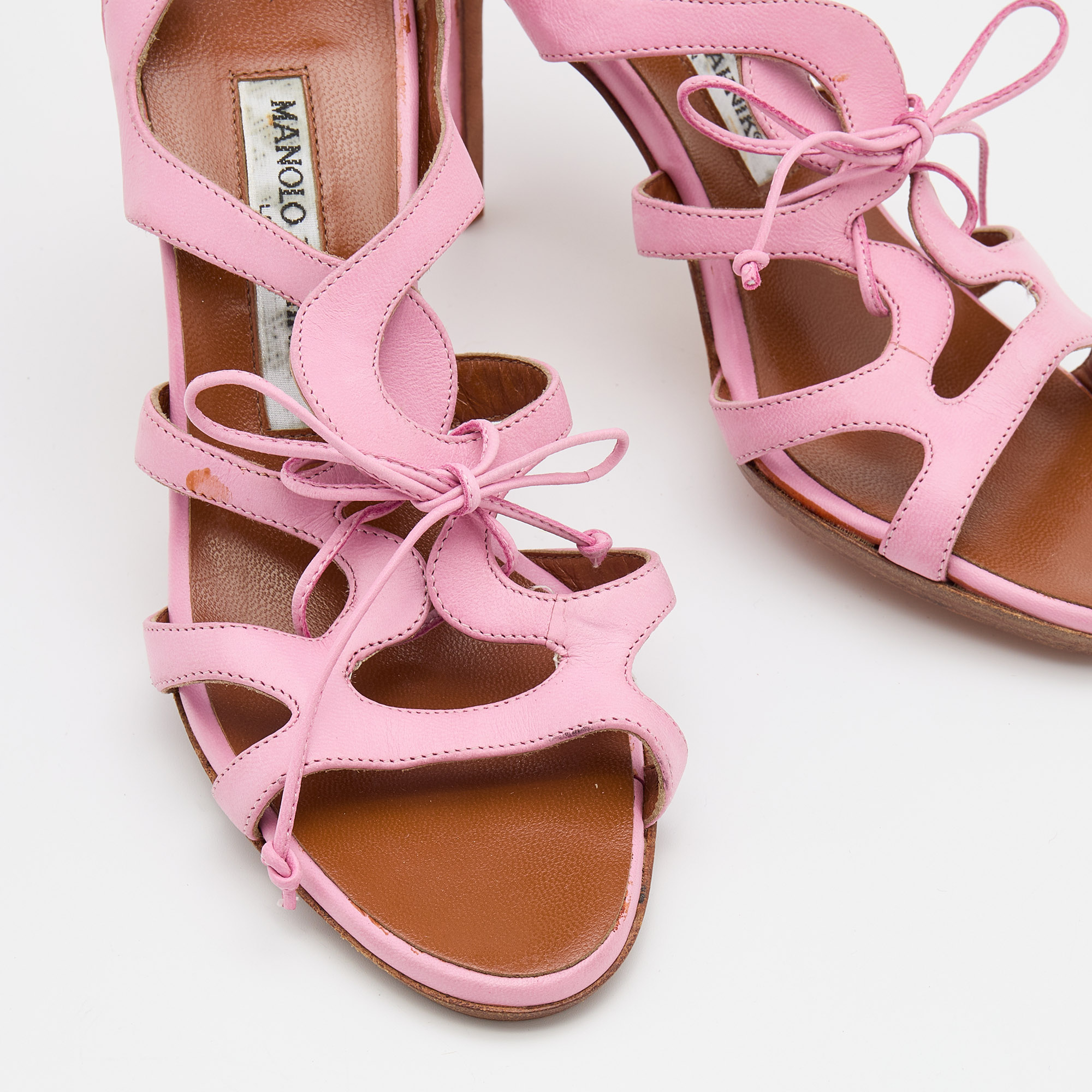 Manolo Blahnik Pink Leather Strappy Ankle Tie Sandals Size 36.5