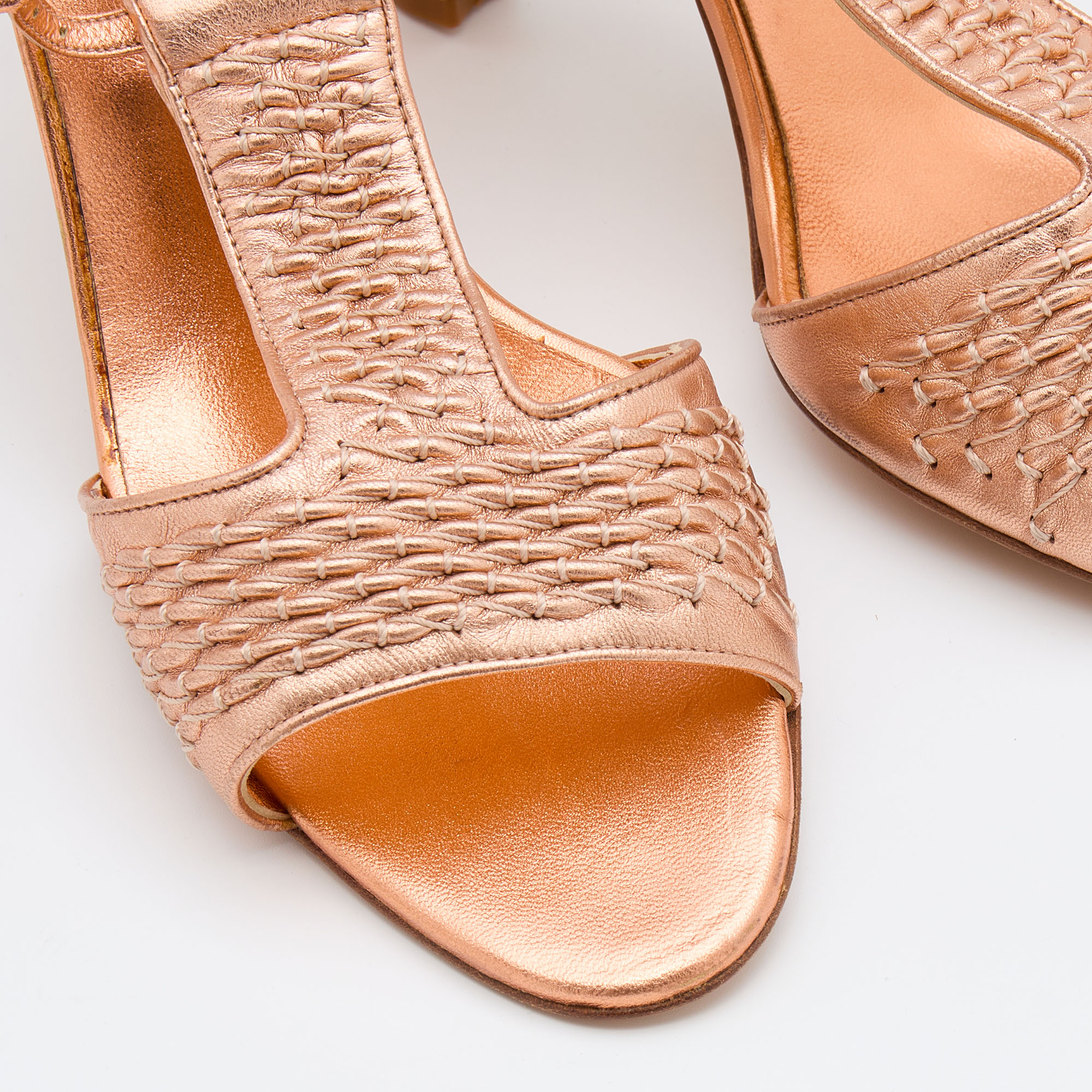 Manolo Blahnik Metallic Bronze Woven Leather T-Strap Sandals Size 41
