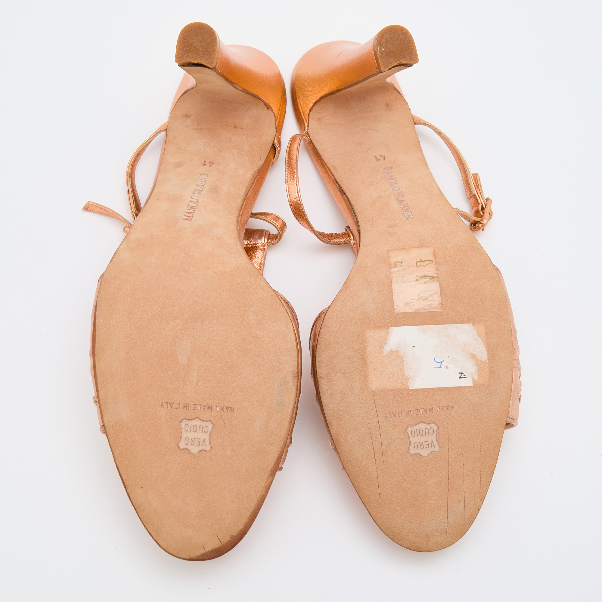 Manolo Blahnik Metallic Bronze Woven Leather T-Strap Sandals Size 41