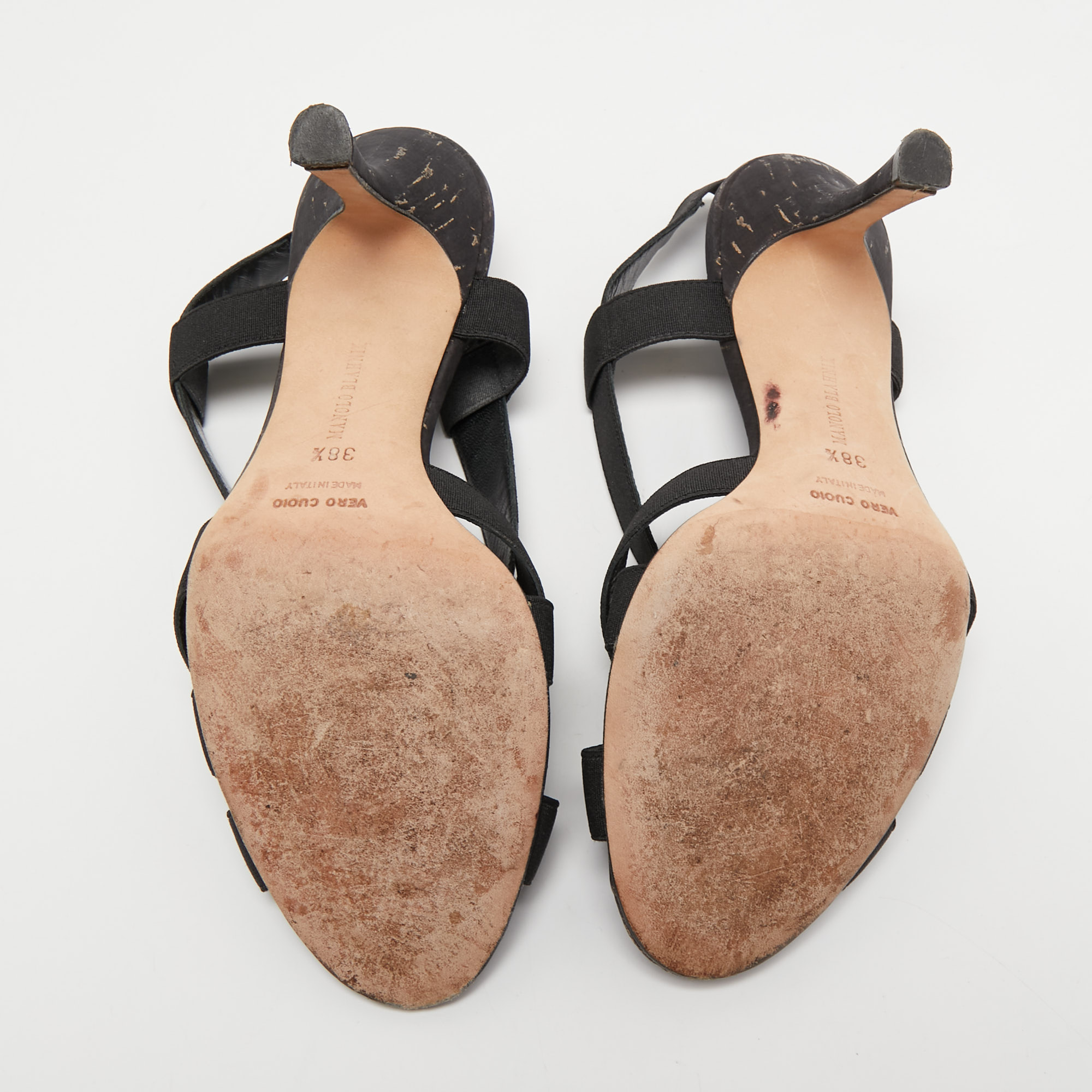 Manolo Blahnik Black Fabric Lasti Cork Strappy Sandals Size 38.5
