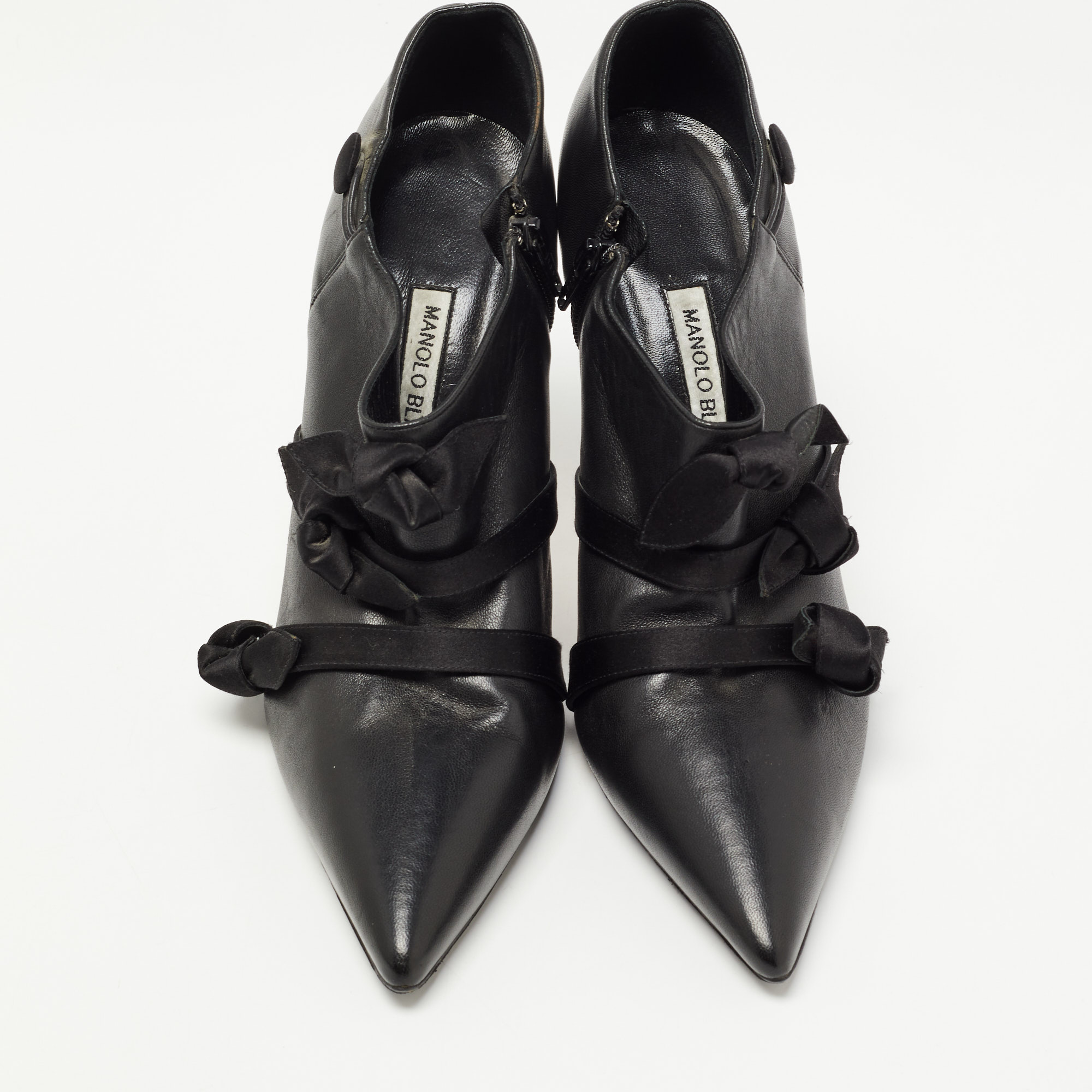 Manolo Blahnik Black Leather Bow Booties Size 40.5