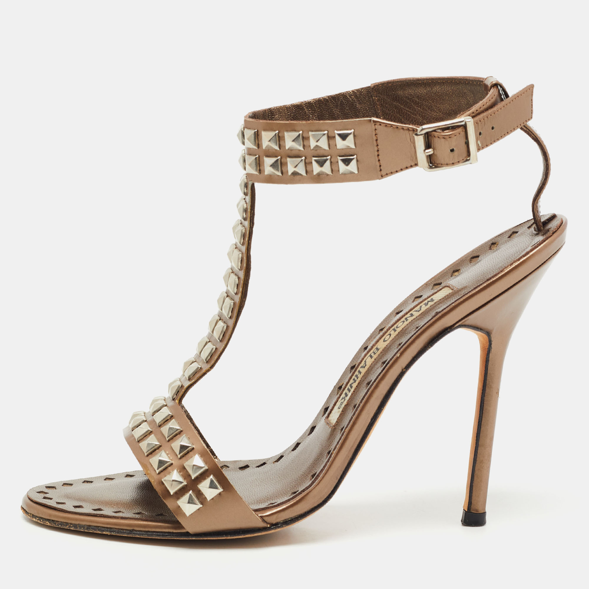 Manolo Blahnik Metallic Brown Leather Studded T Strap Sandals Size 35.5