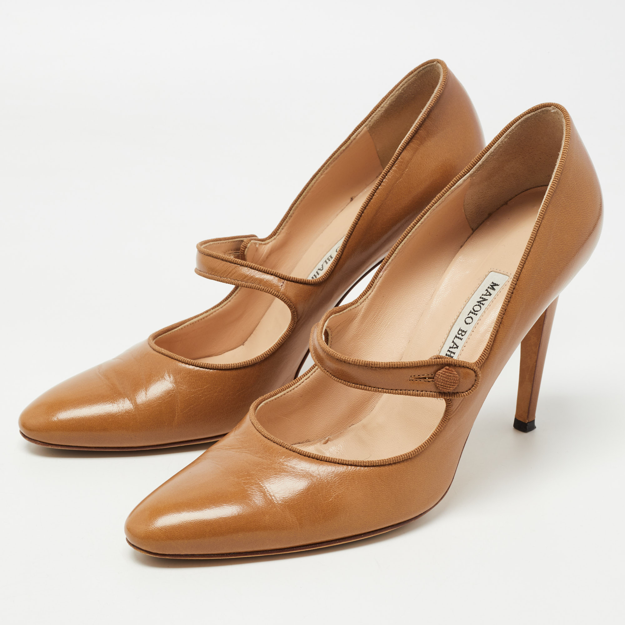 

Manolo Blahnik Brown Leather Camparinew Mary Jane Pumps Size