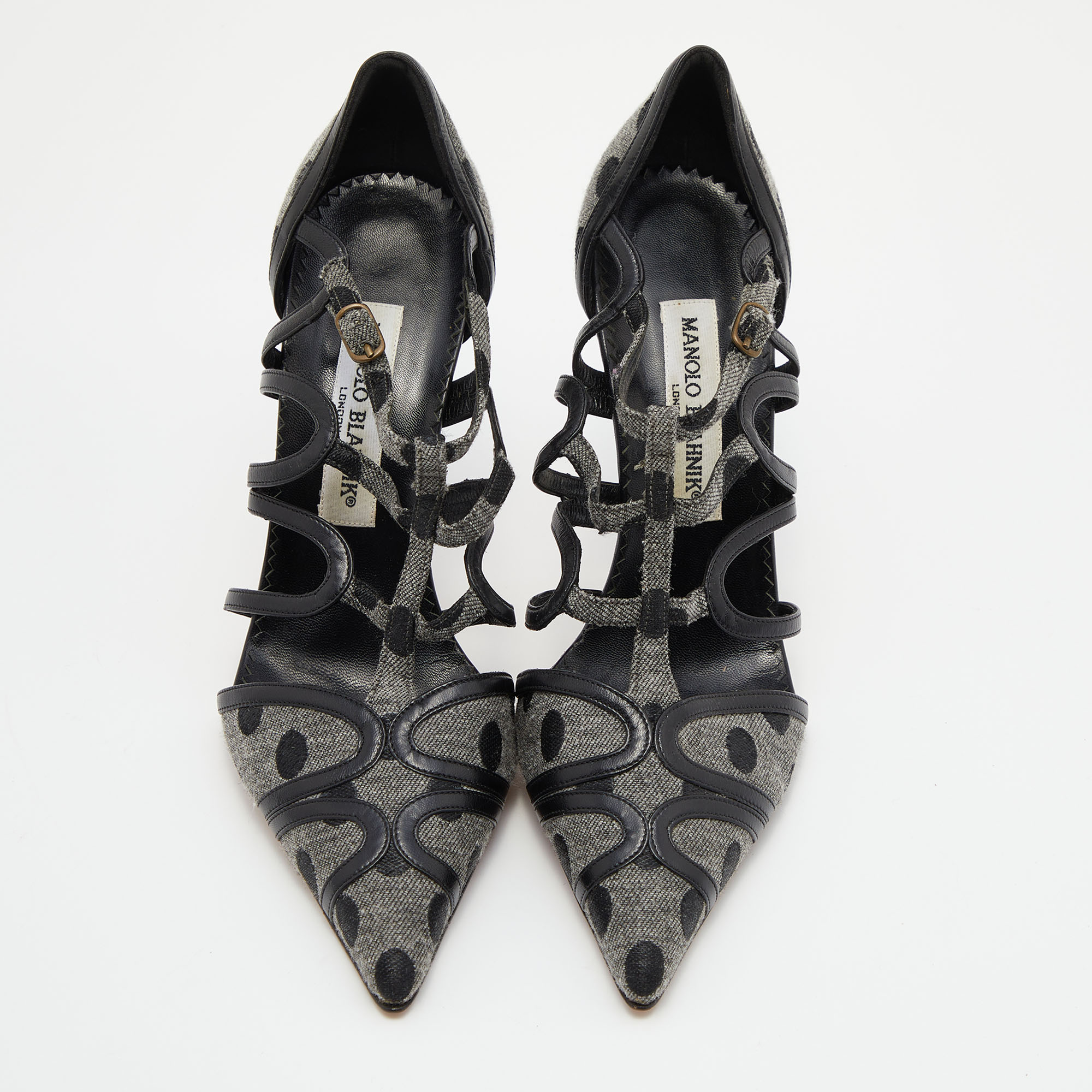 Manolo Blahnik Grey/Black Spots Canvas And Leather Spartel Pumps Size 37