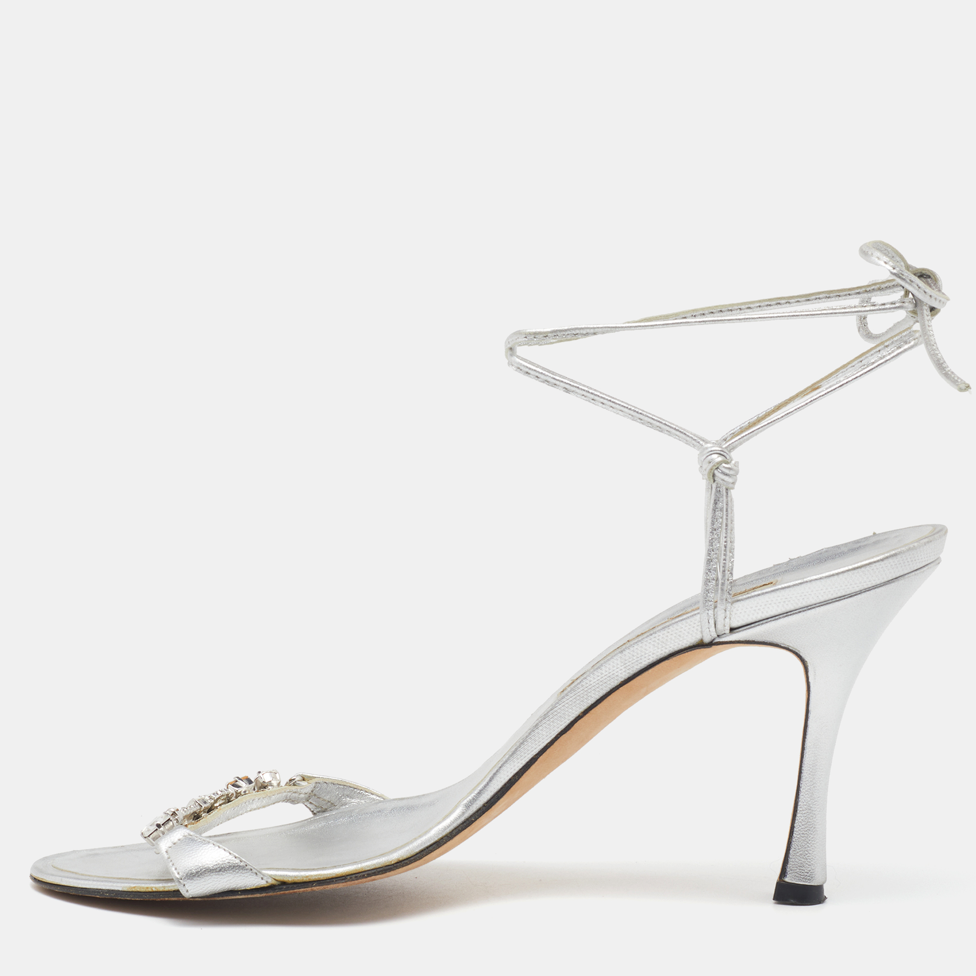 Manolo Blahnik Silver Foil Leather Crystal Embellished Ankle Wrap Sandals Size 39