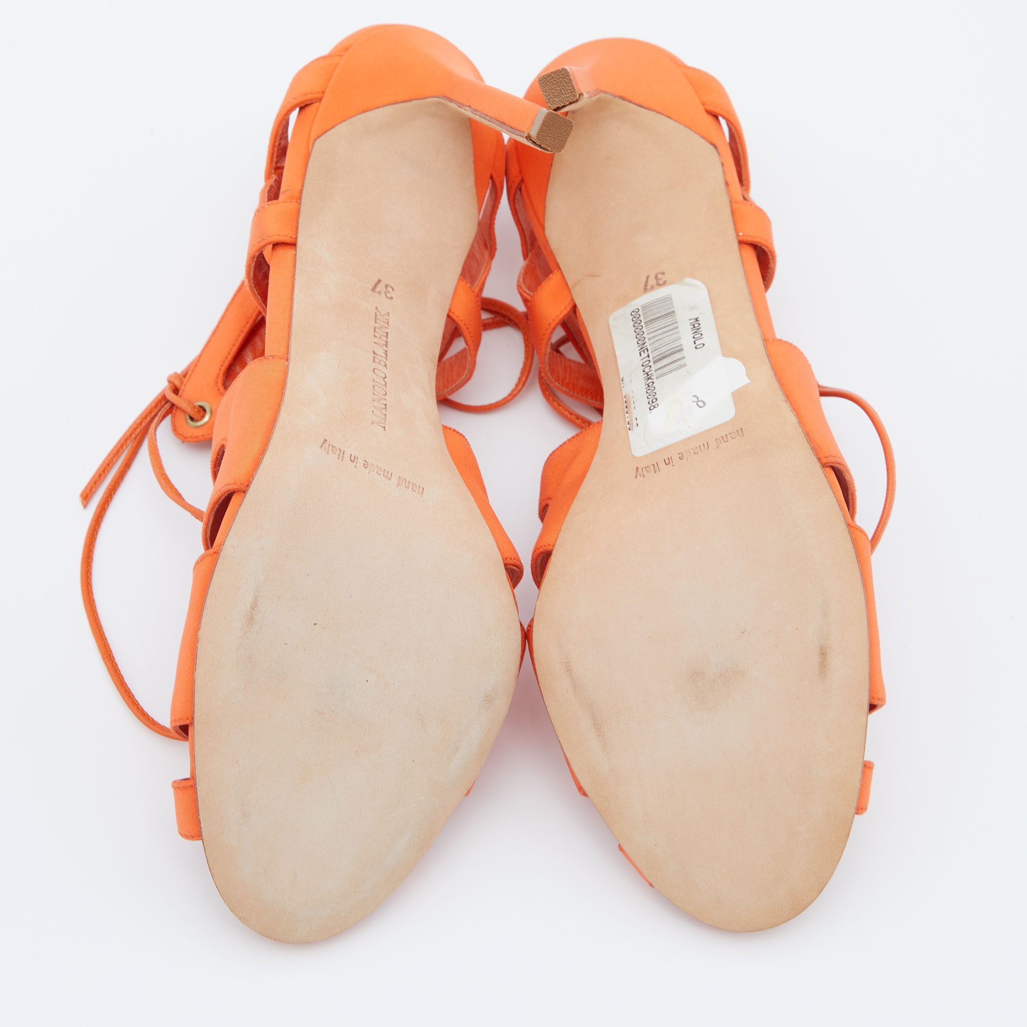 Manolo Blahnik Orange Fabric Cut Out Strappy Sandals Size 37