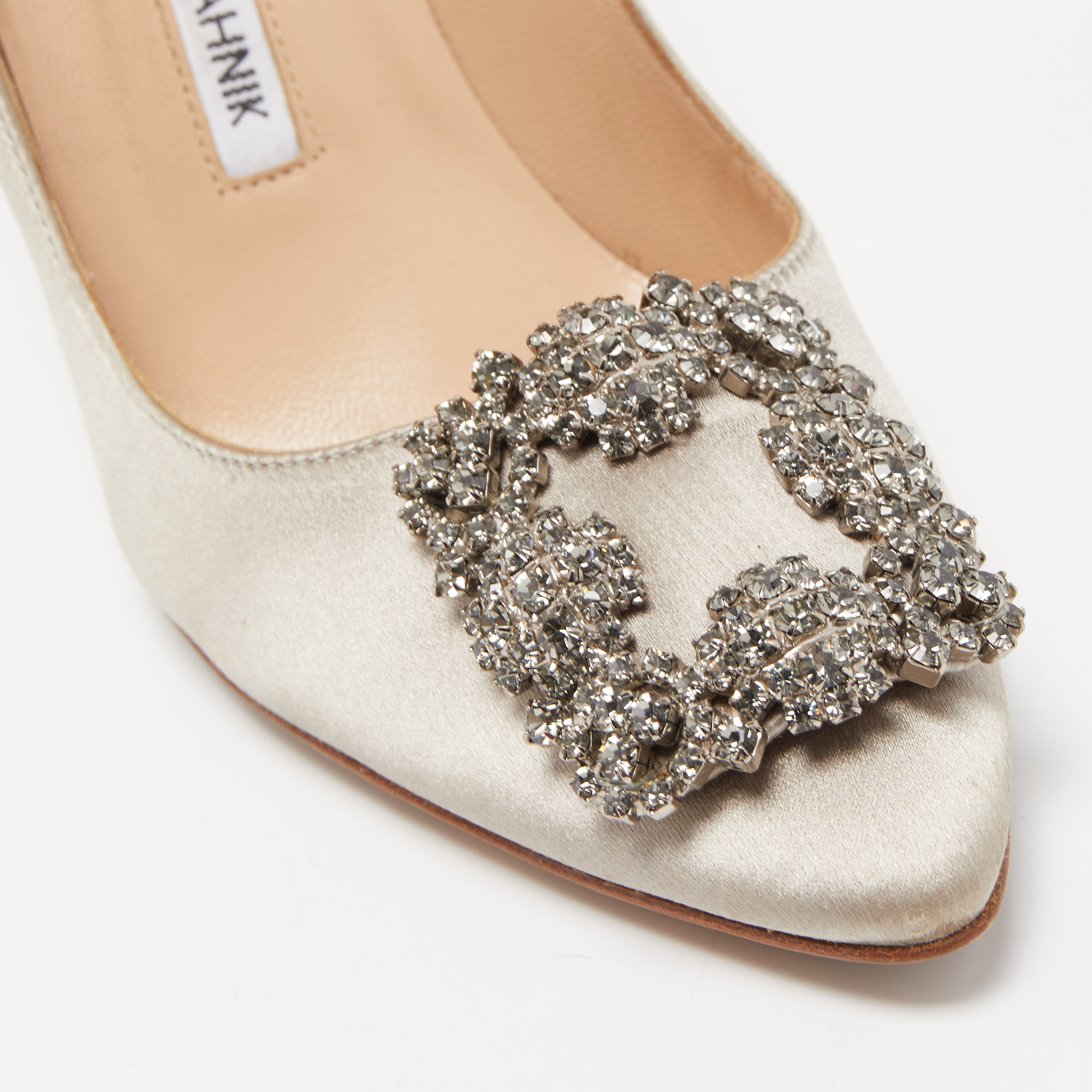 Manolo Blahnik Grey Satin Hangisi Crystal Embellished Pointed Toe Pumps Size 36