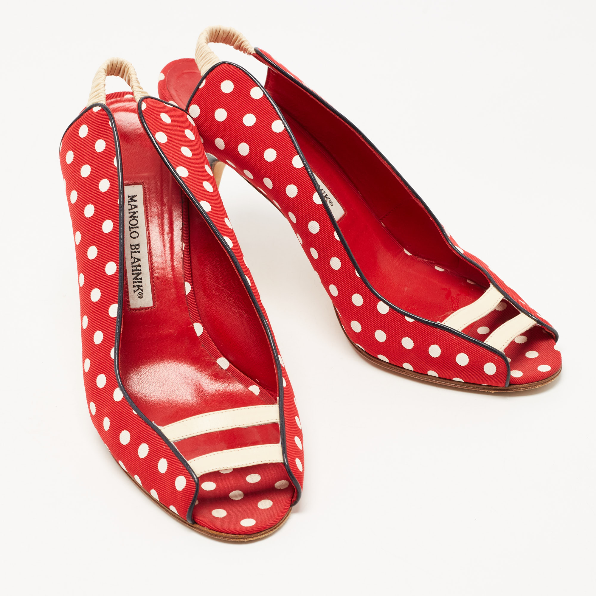 Manolo Blahnik Red Canvas And Leather Polka Dot Slingback Sandals Size 40