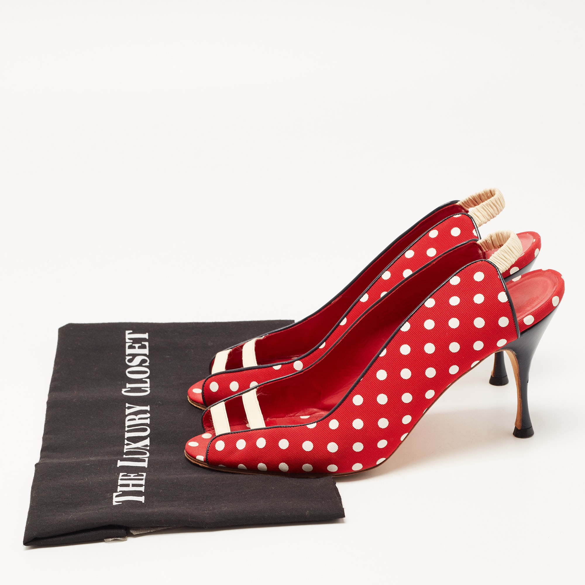 Manolo Blahnik Red Canvas And Leather Polka Dot Slingback Sandals Size 40