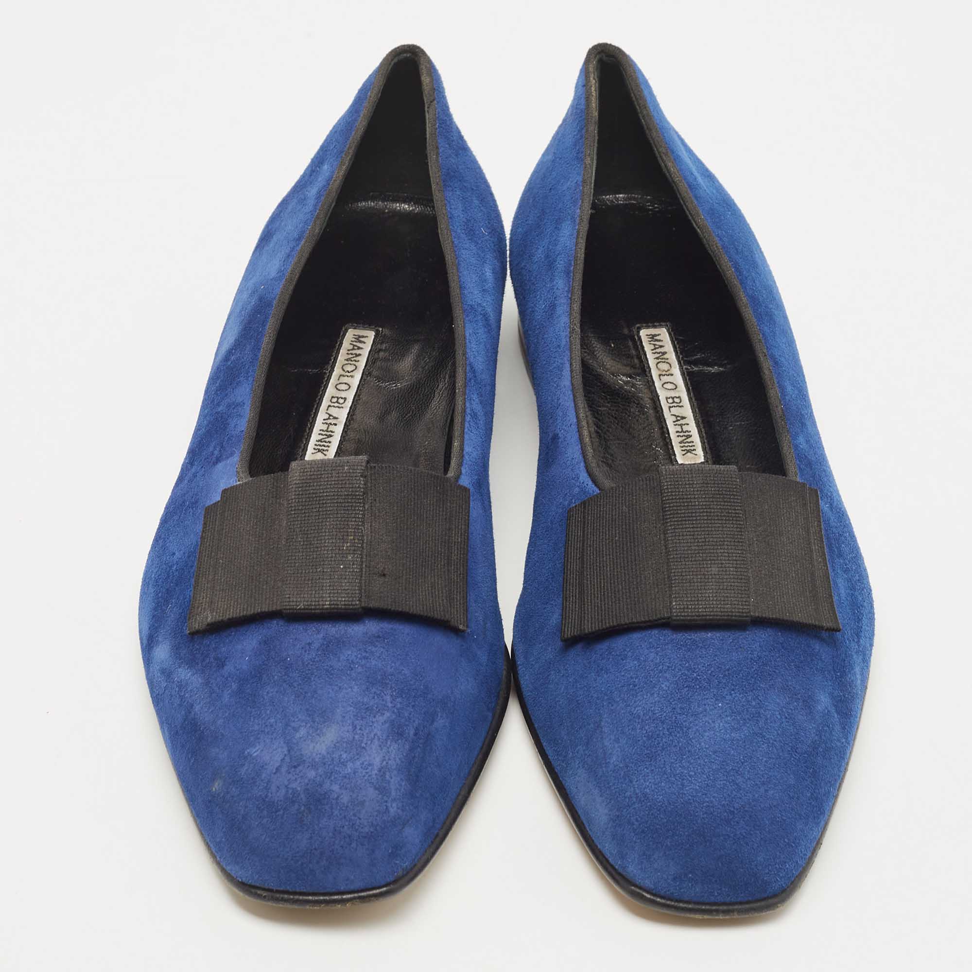 Manolo Blahnik Blue Suede Leather Toro Opera Bow Slip On Loafers Size 41.5