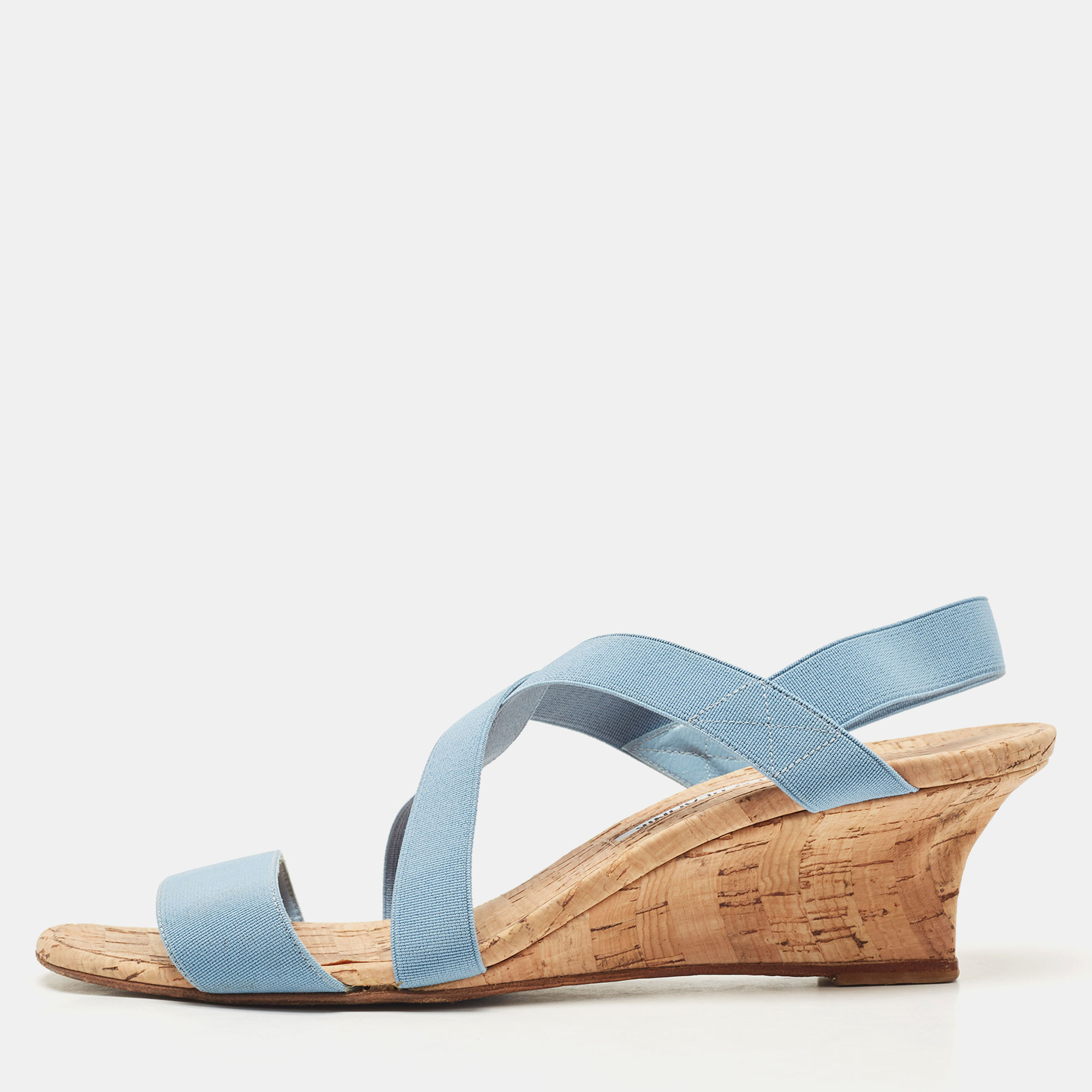 Manolo blahnik blue stretch fabric terwe cork wedge ankle strap sandals size 40