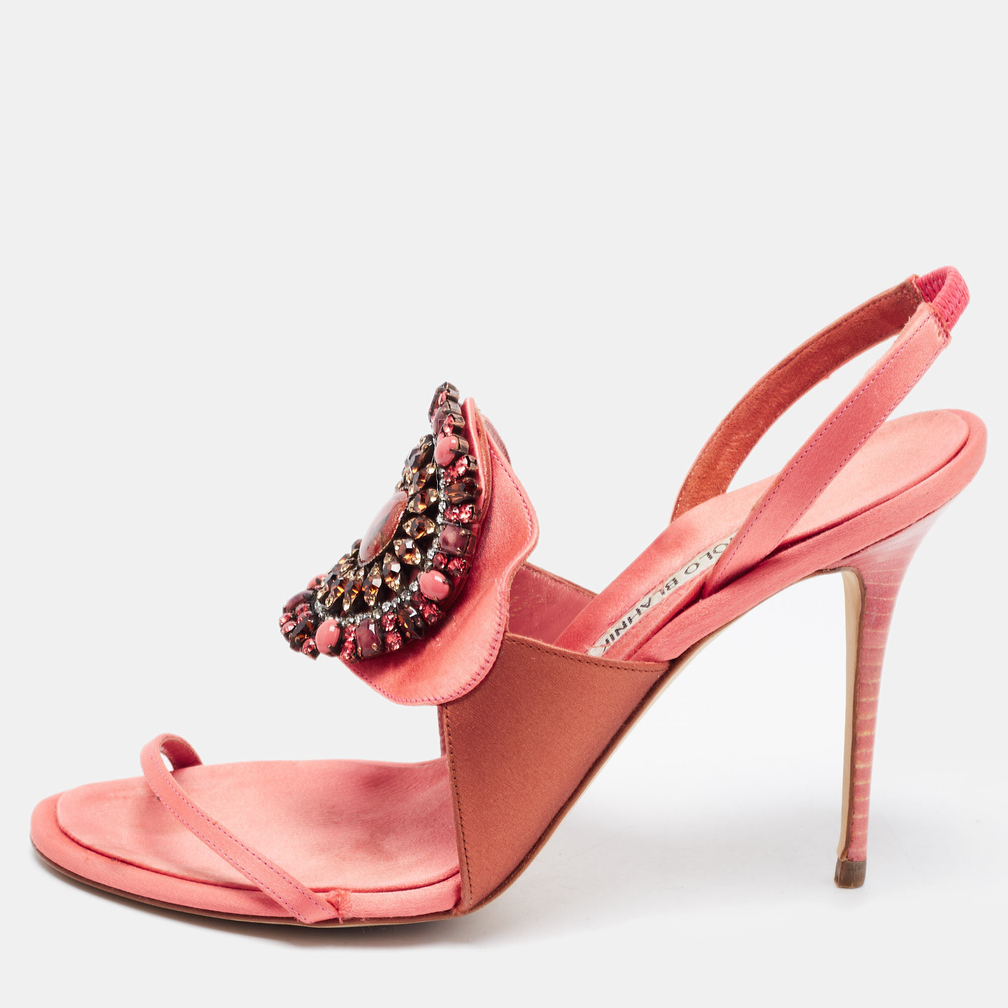 Manolo Blahnik Pink/Brown Satin Crystal Embellished Ankle Strap Sandals Size 37.5