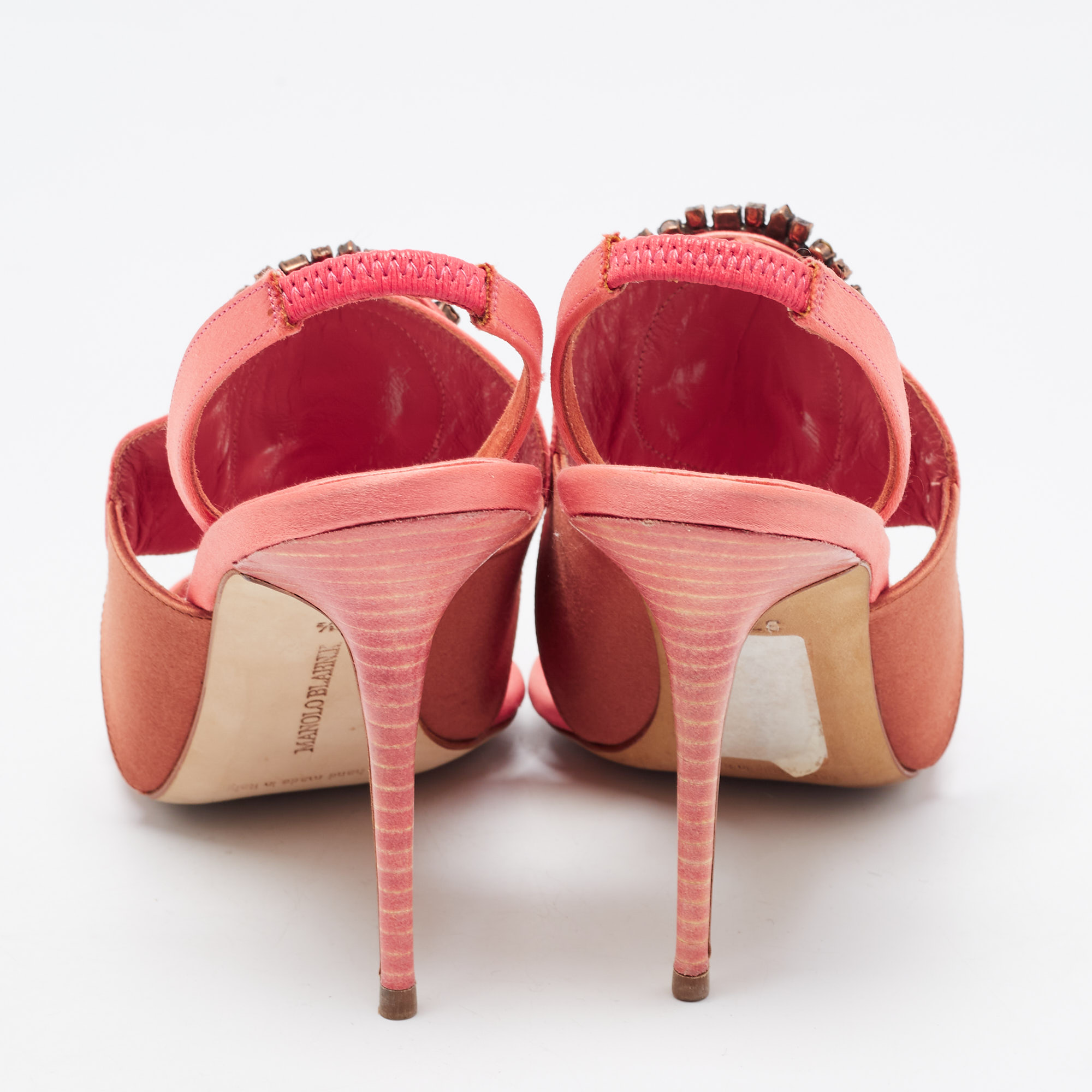 Manolo Blahnik Pink/Brown Satin Crystal Embellished Ankle Strap Sandals Size 37.5
