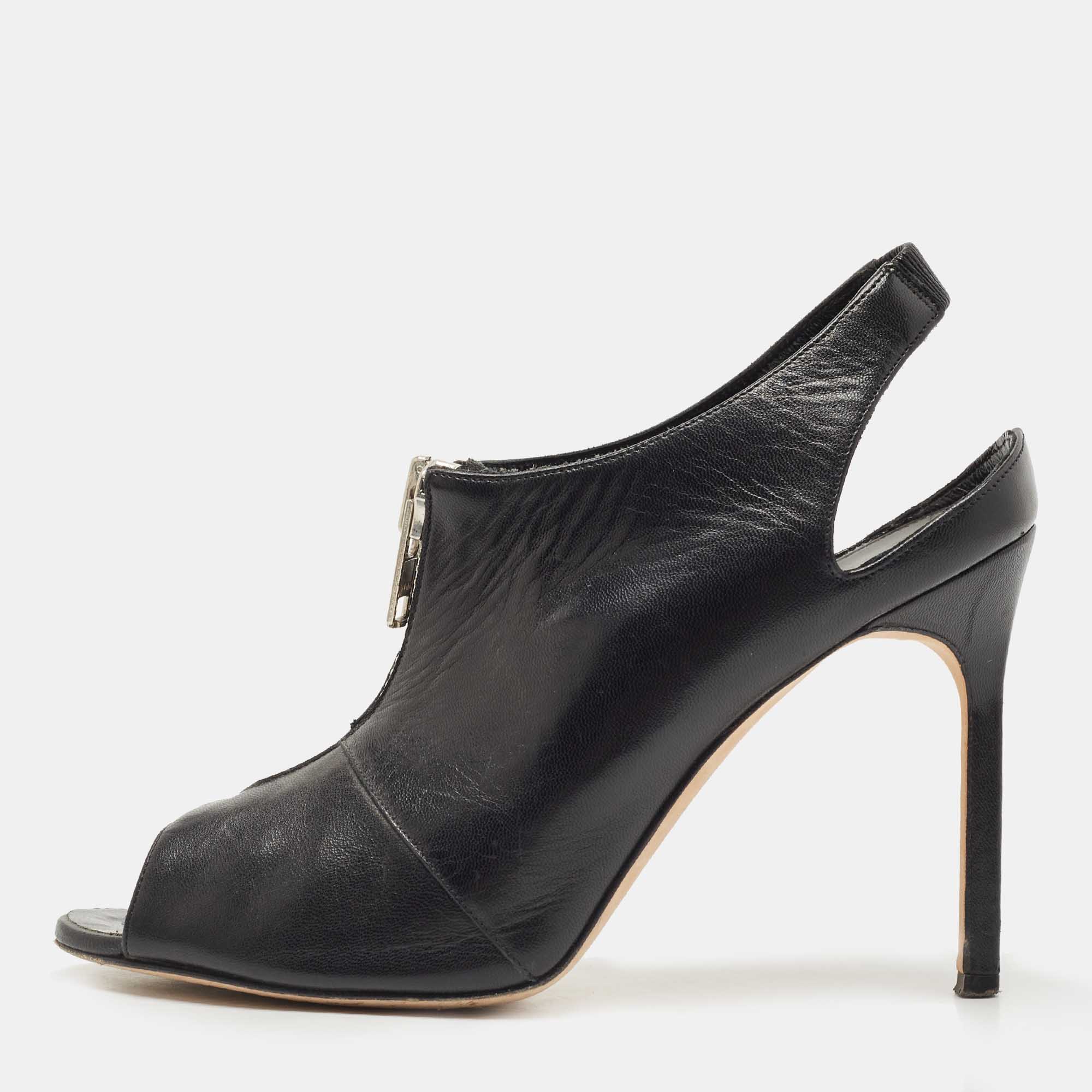 Manolo Blahnik Black Leather Vella Booties Size 37.5
