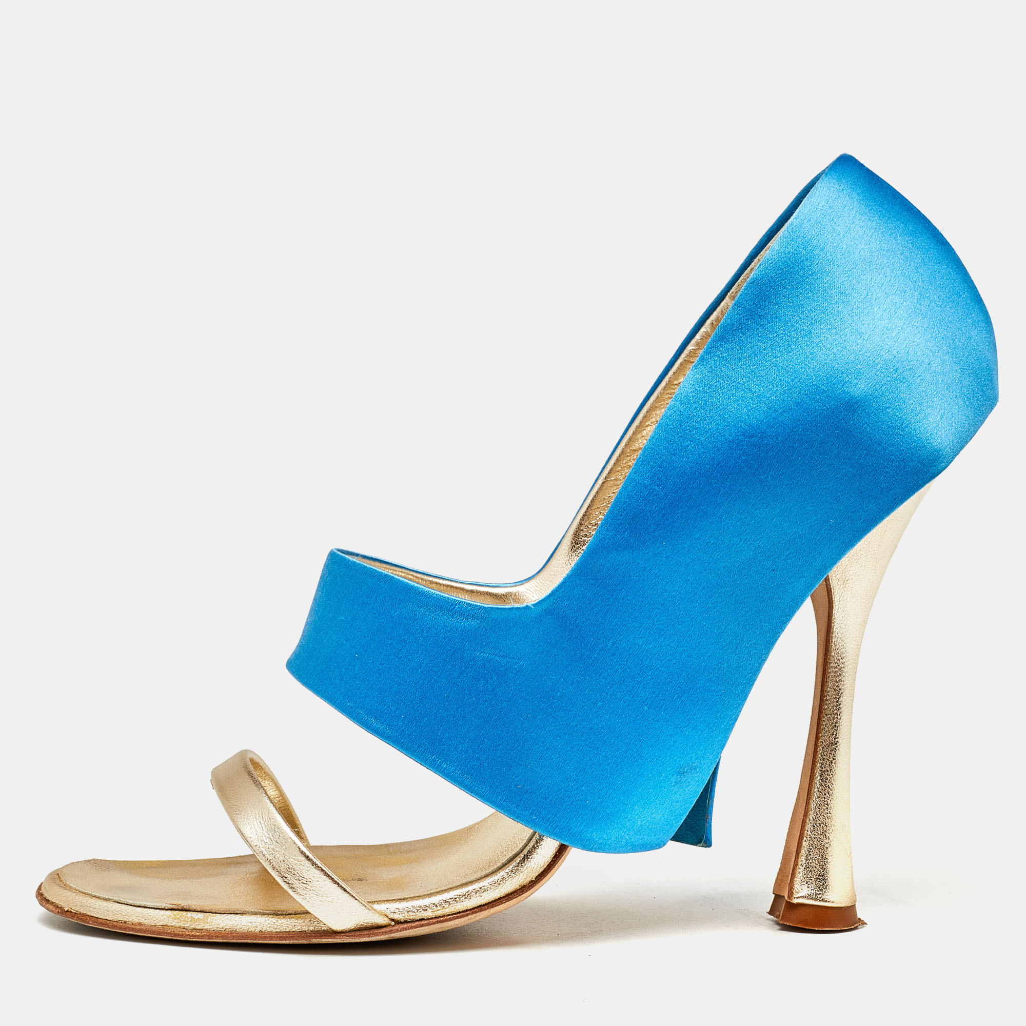 Manolo Blahnik Blue/Gold Satin And Leather Open Toe Sandals Size 39.5