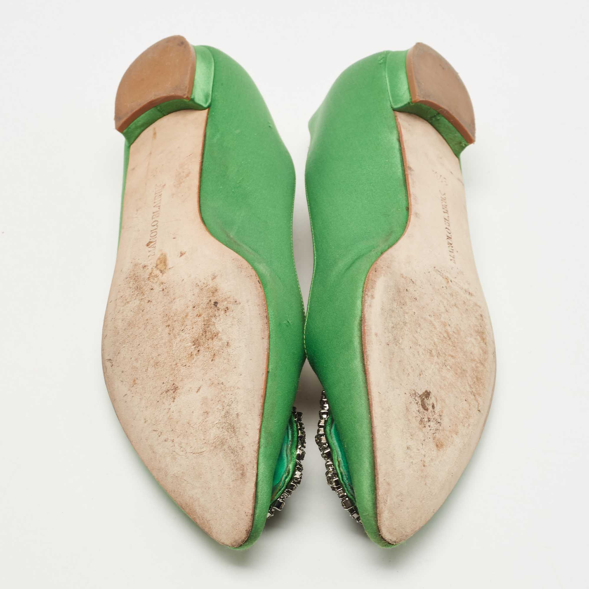 Manolo Blahnik Green Satin Hangisi Ballet Flats Size 37.5