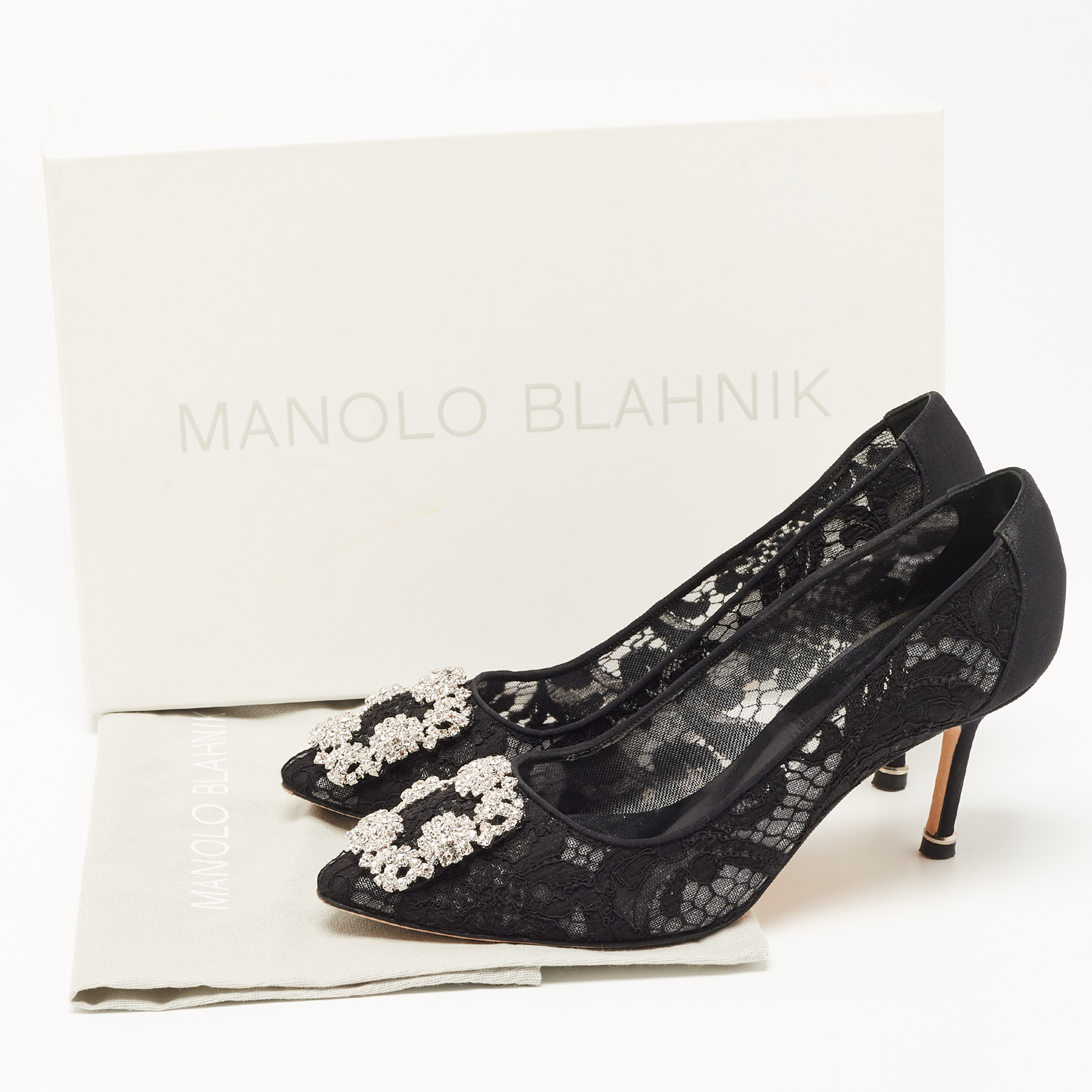Manolo Blahnik Black Lace And Canvas Hangisi Pumps Size 36.5