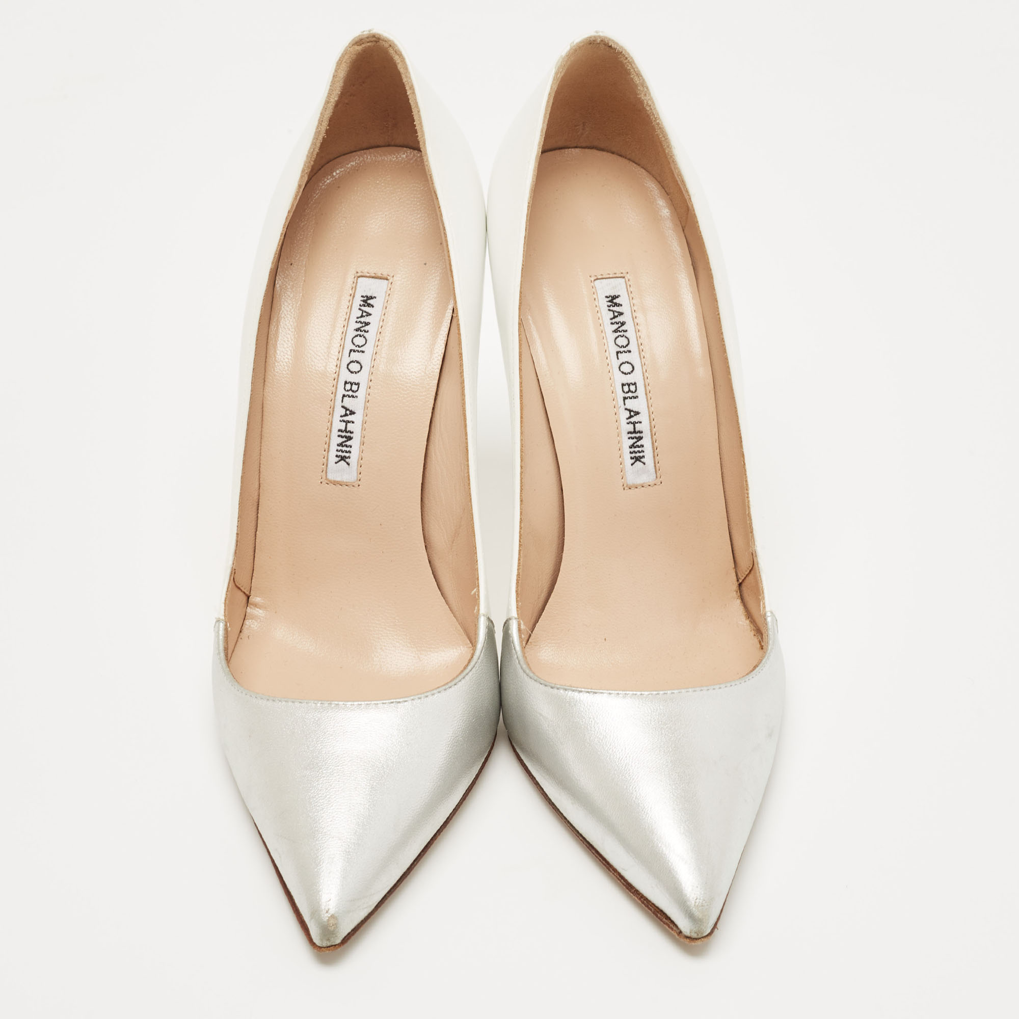 Manolo Blahnik Silver/White Leather  BB Pointed Toe  Pumps Size 36.5