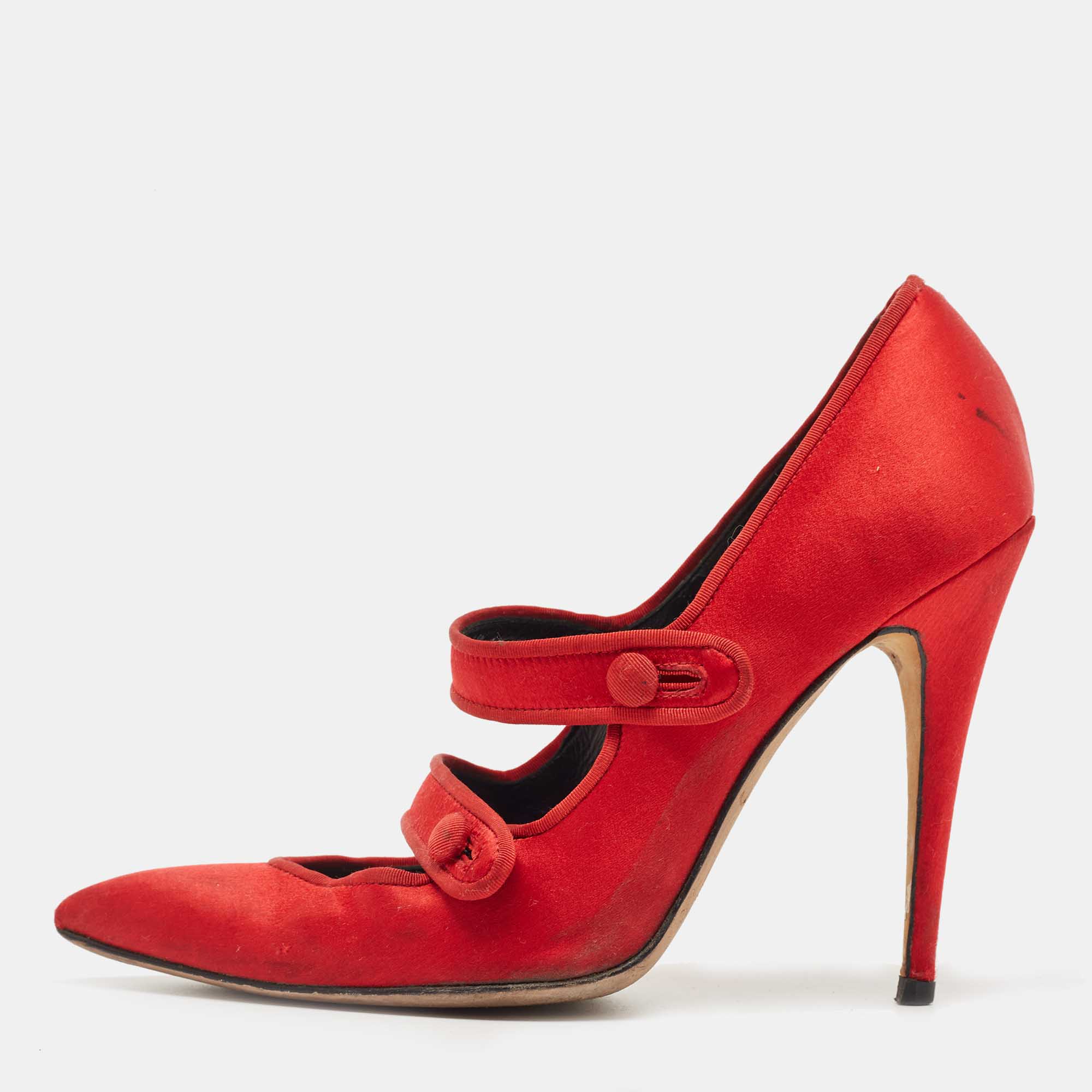 Manolo Blahnik Red Satin Pointed Toe Strap Pumps Size 37