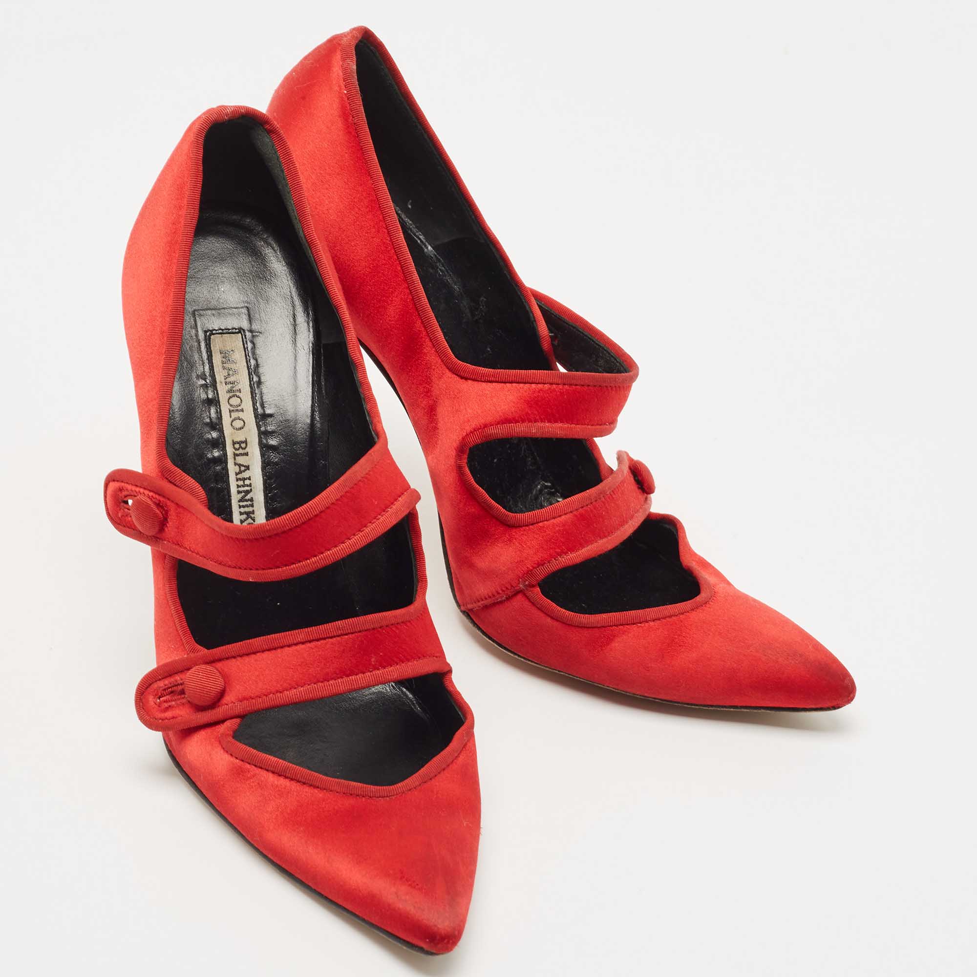 Manolo Blahnik Red Satin Pointed Toe Strap Pumps Size 37