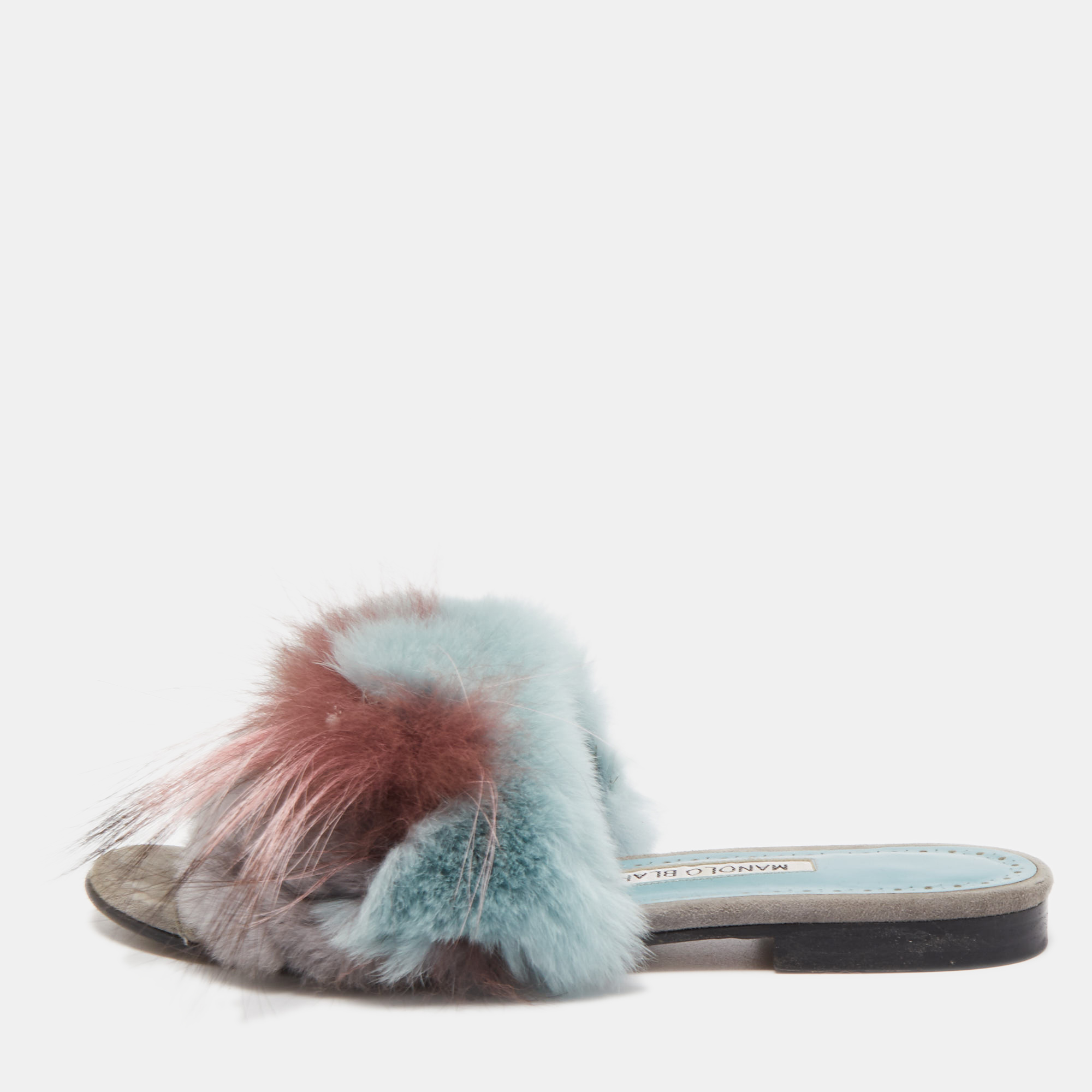 Manolo Blahnik Blue/Burgundy Fur  Pelosusrafo Slides Size 37