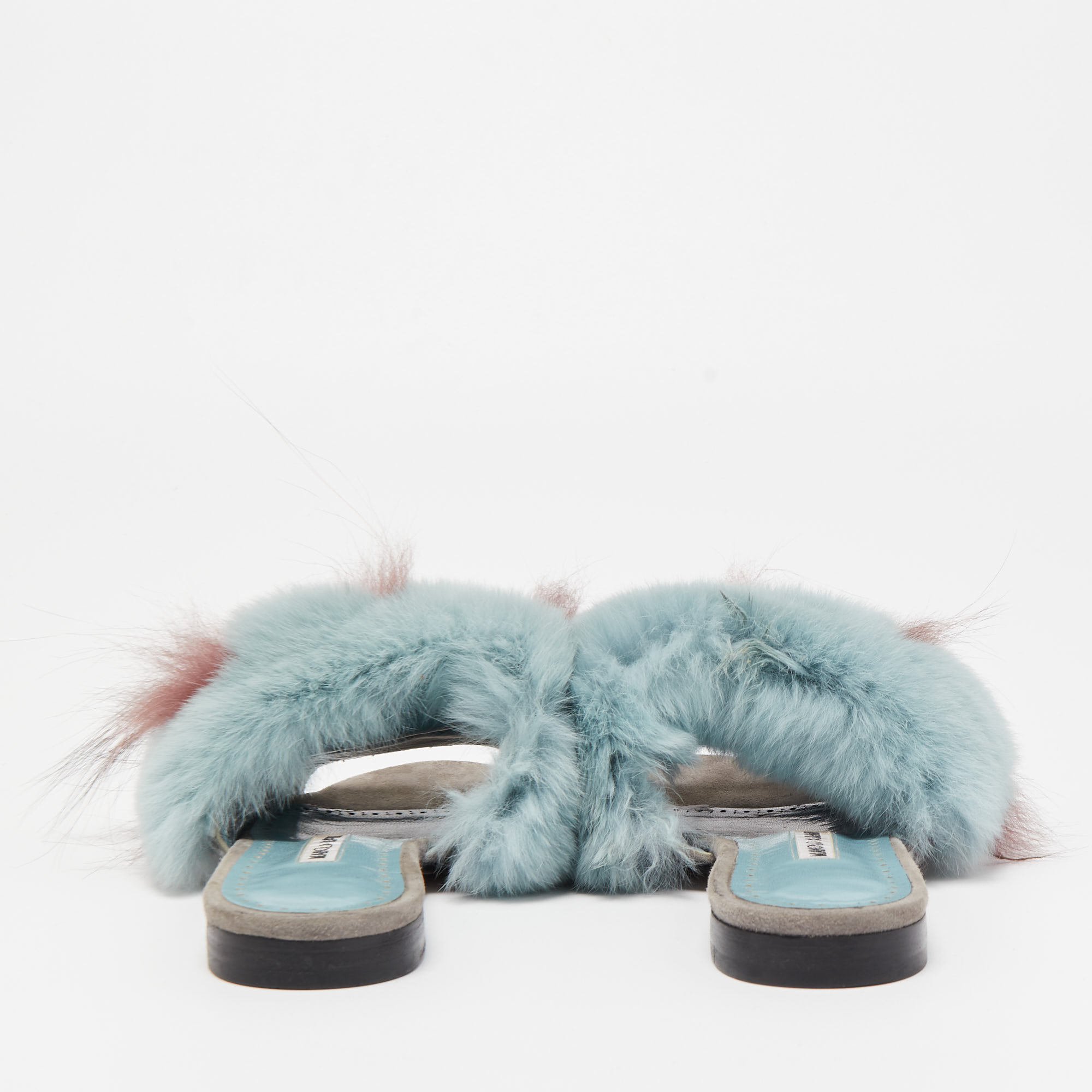 Manolo Blahnik Blue/Burgundy Fur  Pelosusrafo Slides Size 37