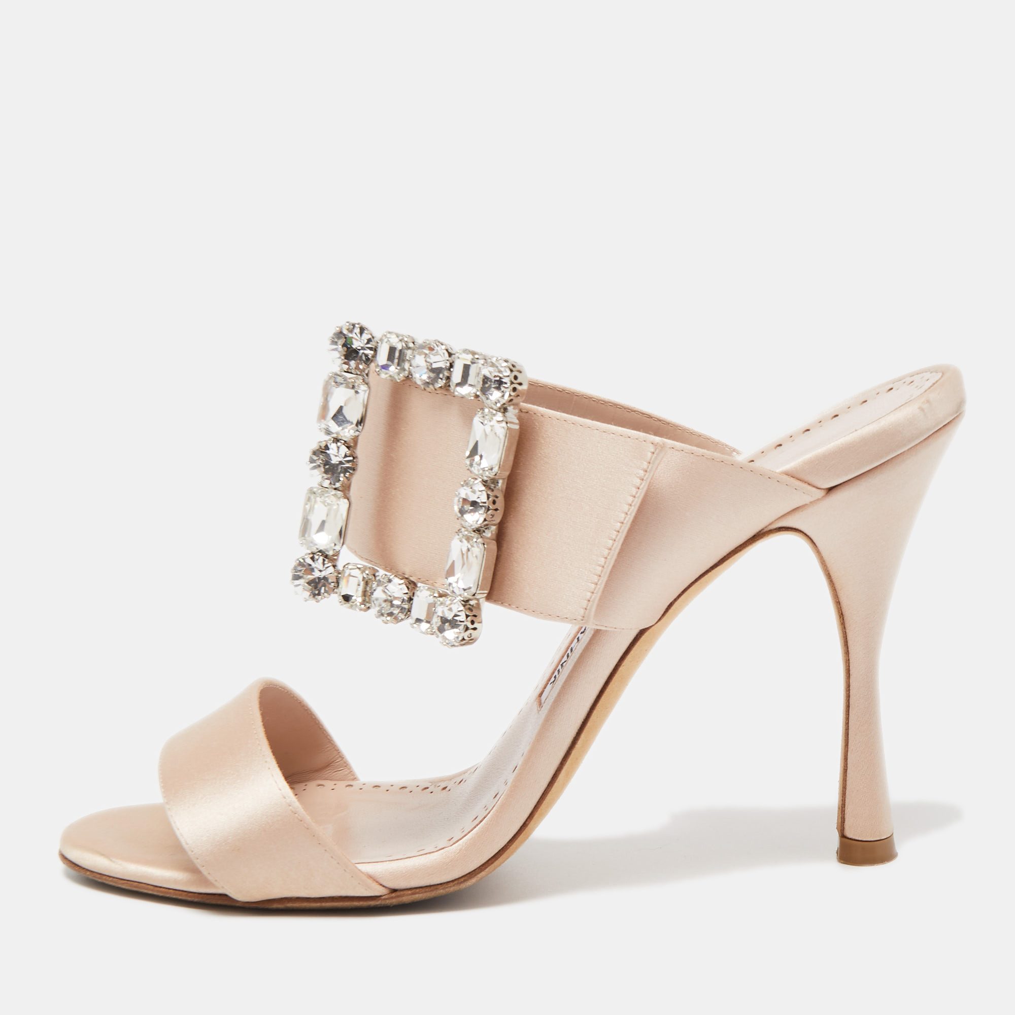 Manolo Blahnik Light Pink Satin Crystal Embellished Gable Sandals Size 38