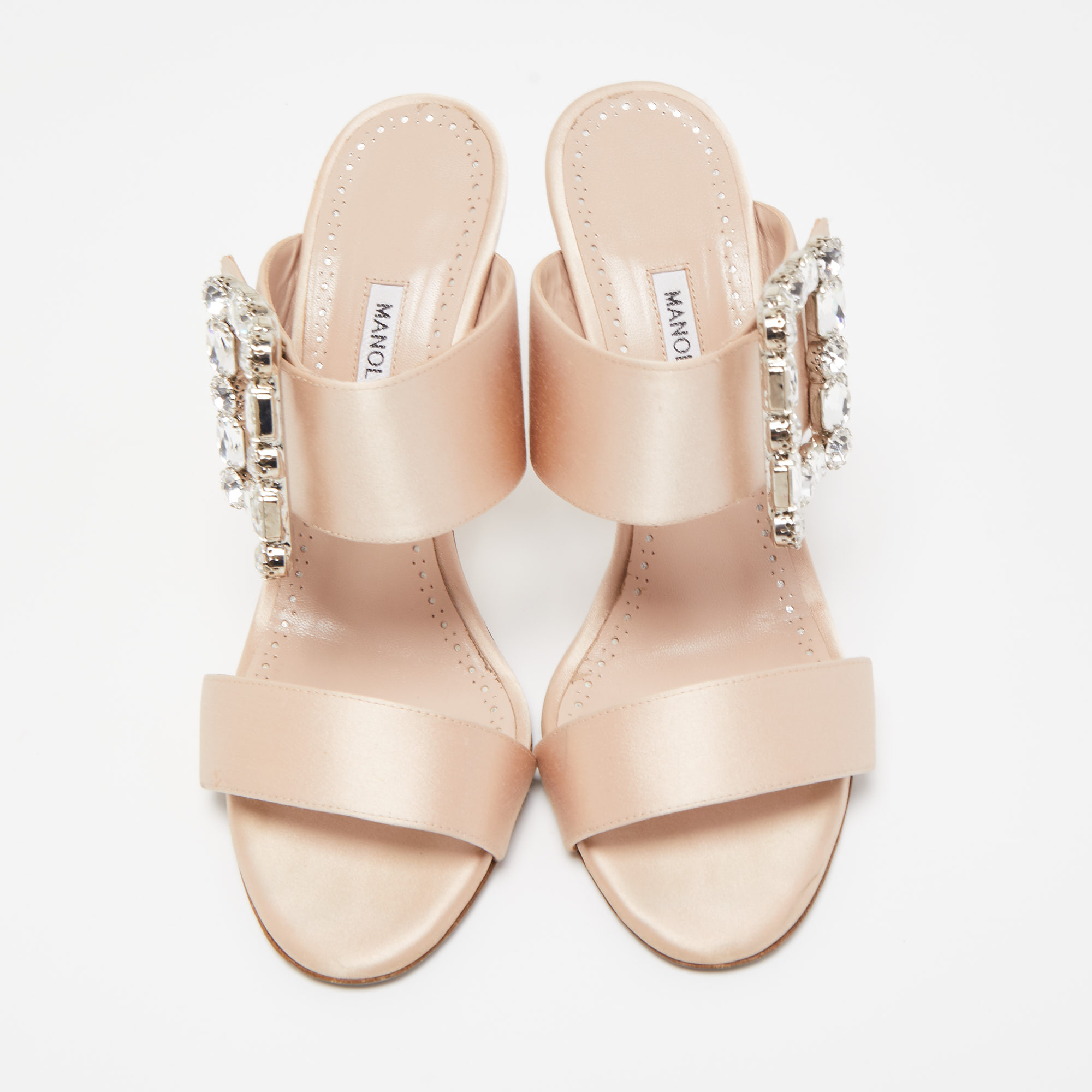 Manolo Blahnik Light Pink Satin Crystal Embellished Gable Sandals Size 38