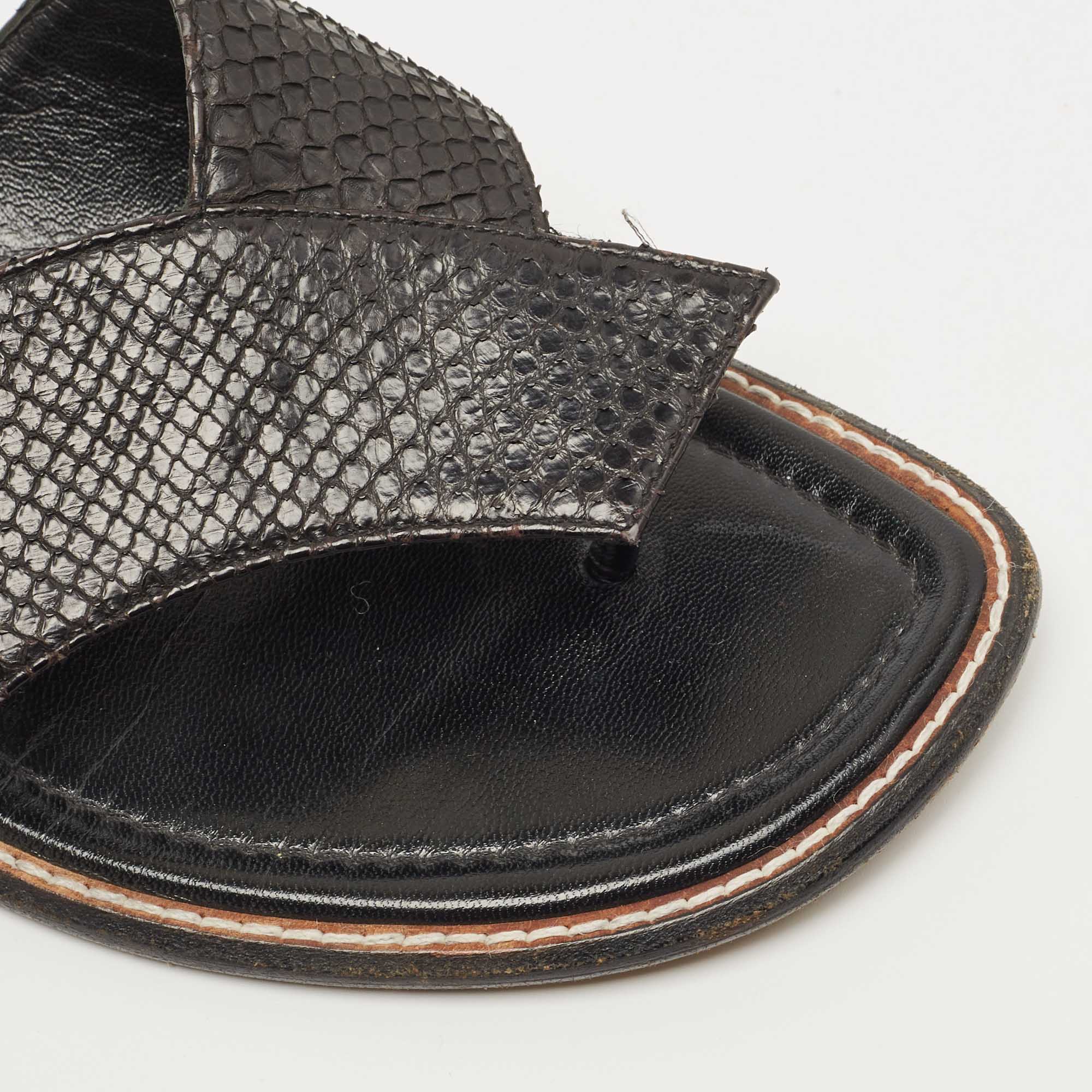 Manolo Blahnik Black Python Embossed Leather Flat Slides Size 36.5