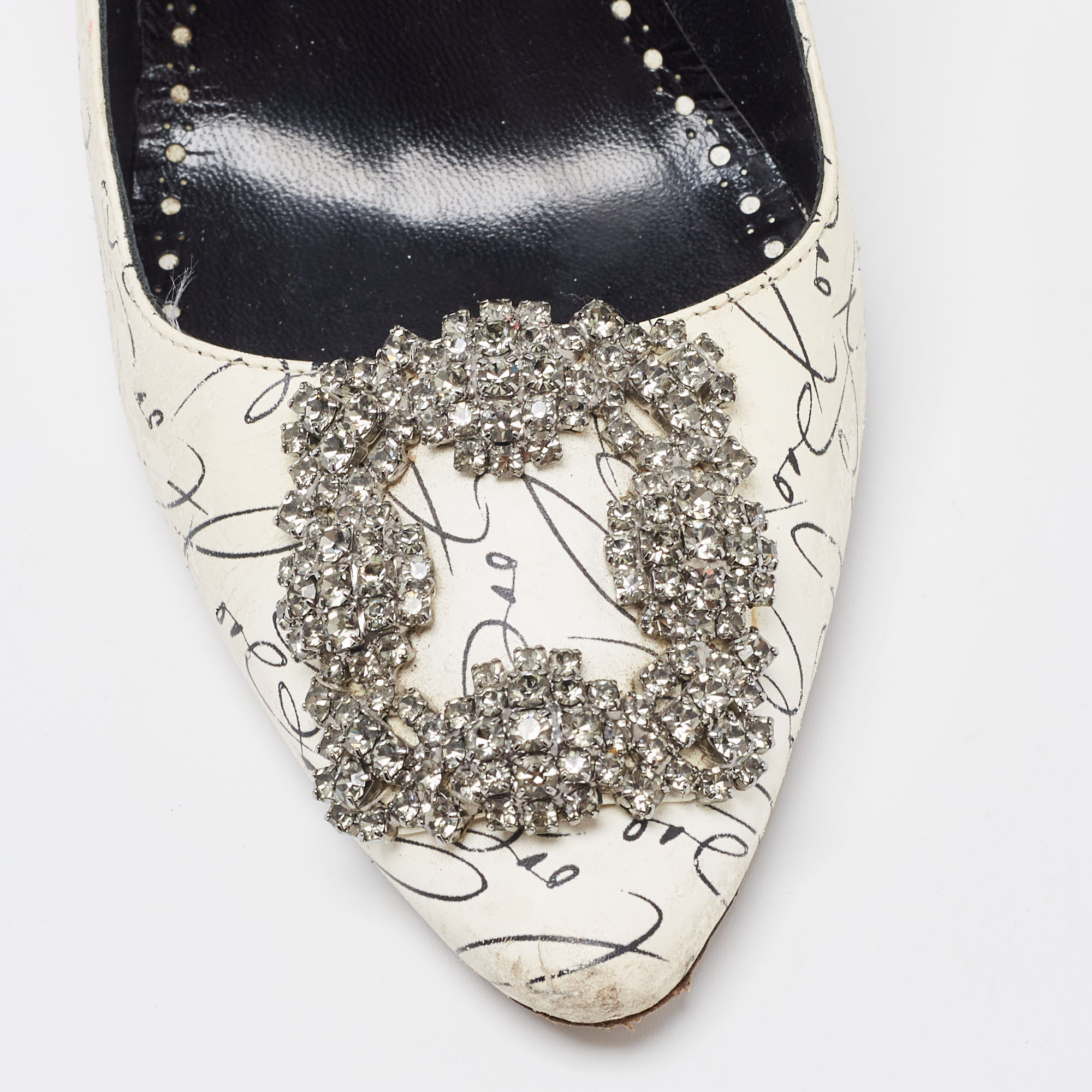 Manolo Blahnik White/Black Leather Crystal Embellished Pointed Toe Pumps Size 37