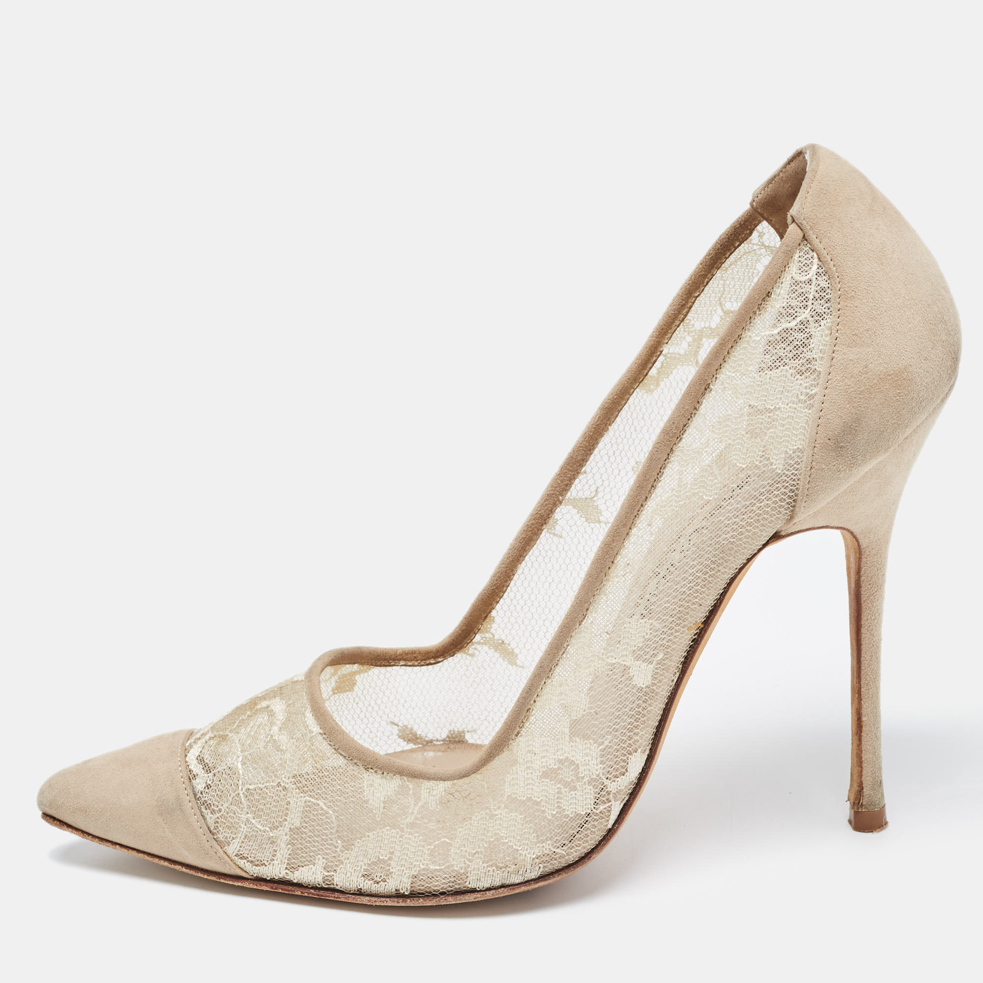 Manolo Blahnik Cream Suede And Mesh Pointed Toe Pumps Size 37