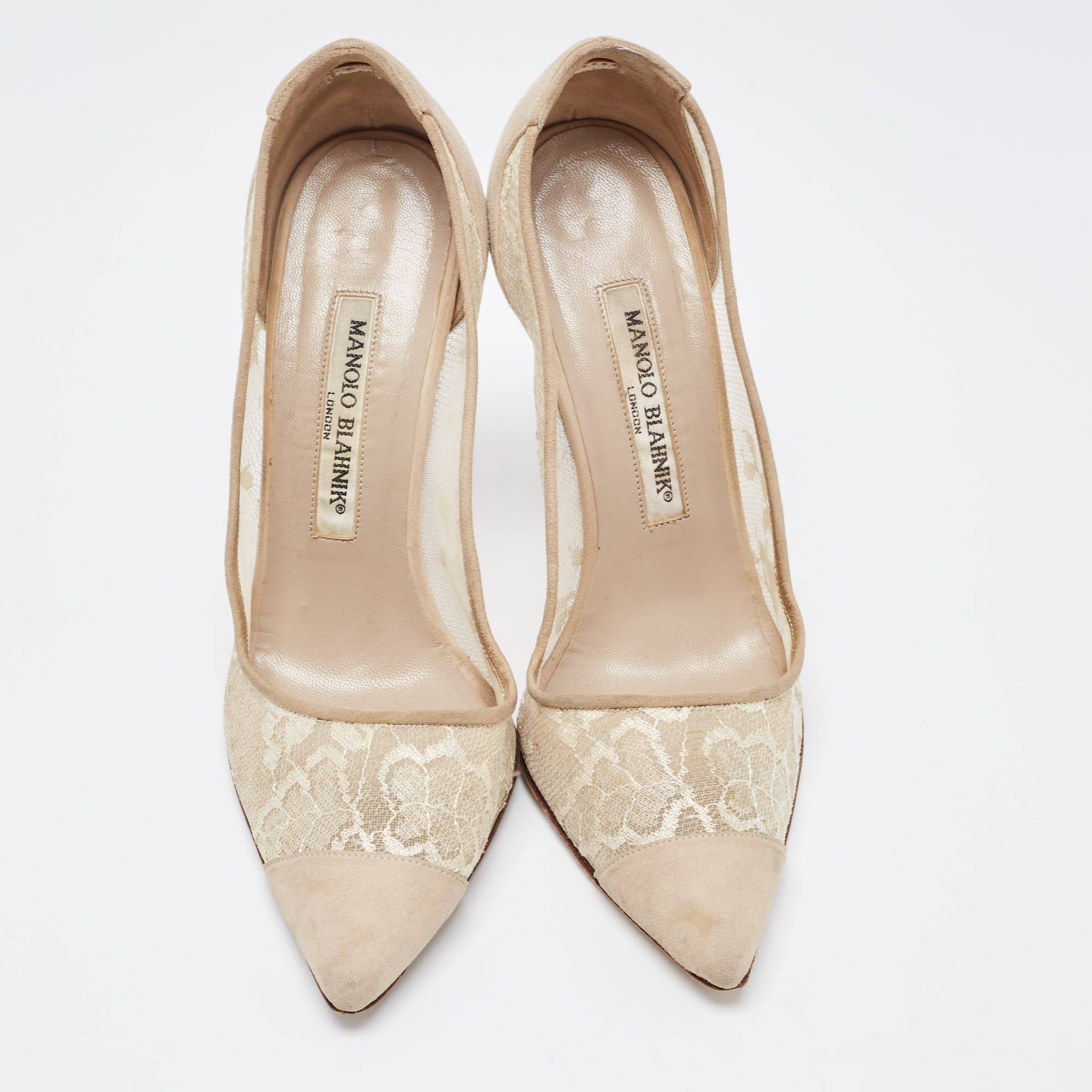 Manolo Blahnik Cream Suede And Mesh Pointed Toe Pumps Size 37
