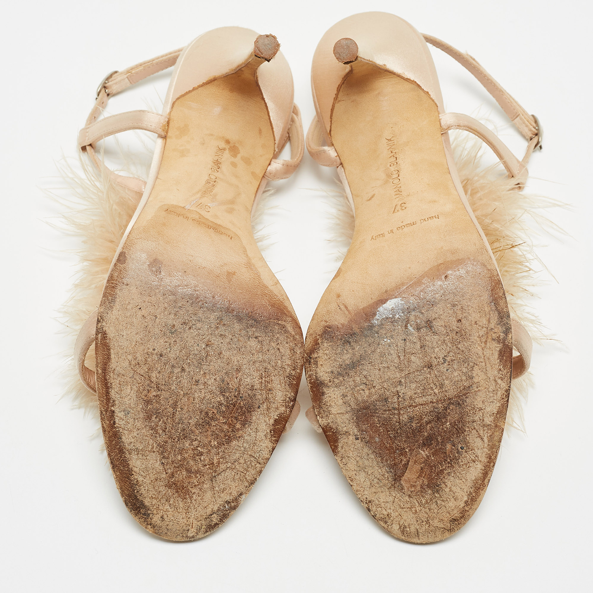 Manolo Blahnik Beige Satin And Feather Trimmed Eila Sandals Size 37