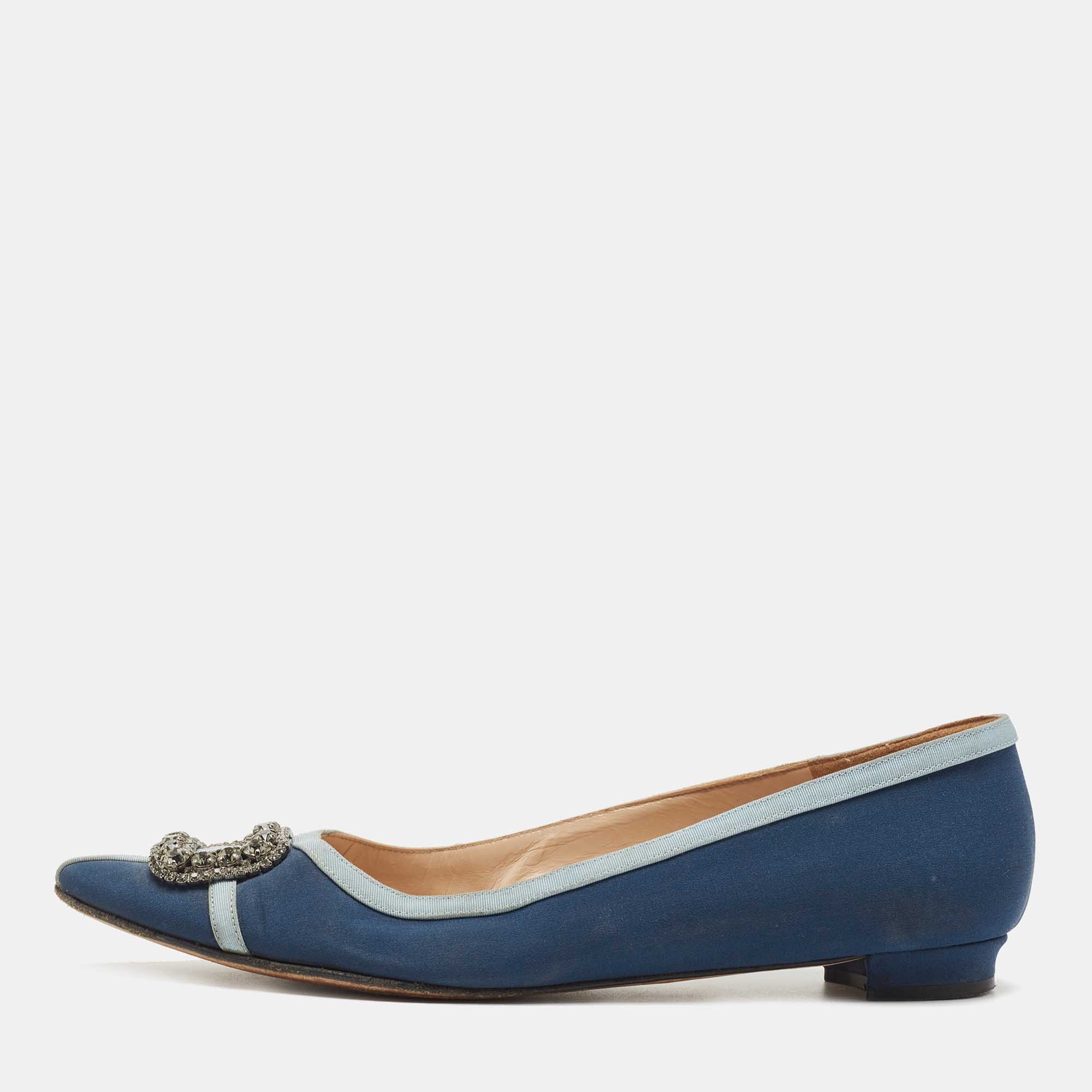 Manolo Blahnik Blue Satin Gotrian Crystal Embellished Pointed Toe Ballet Flats Size 40.5