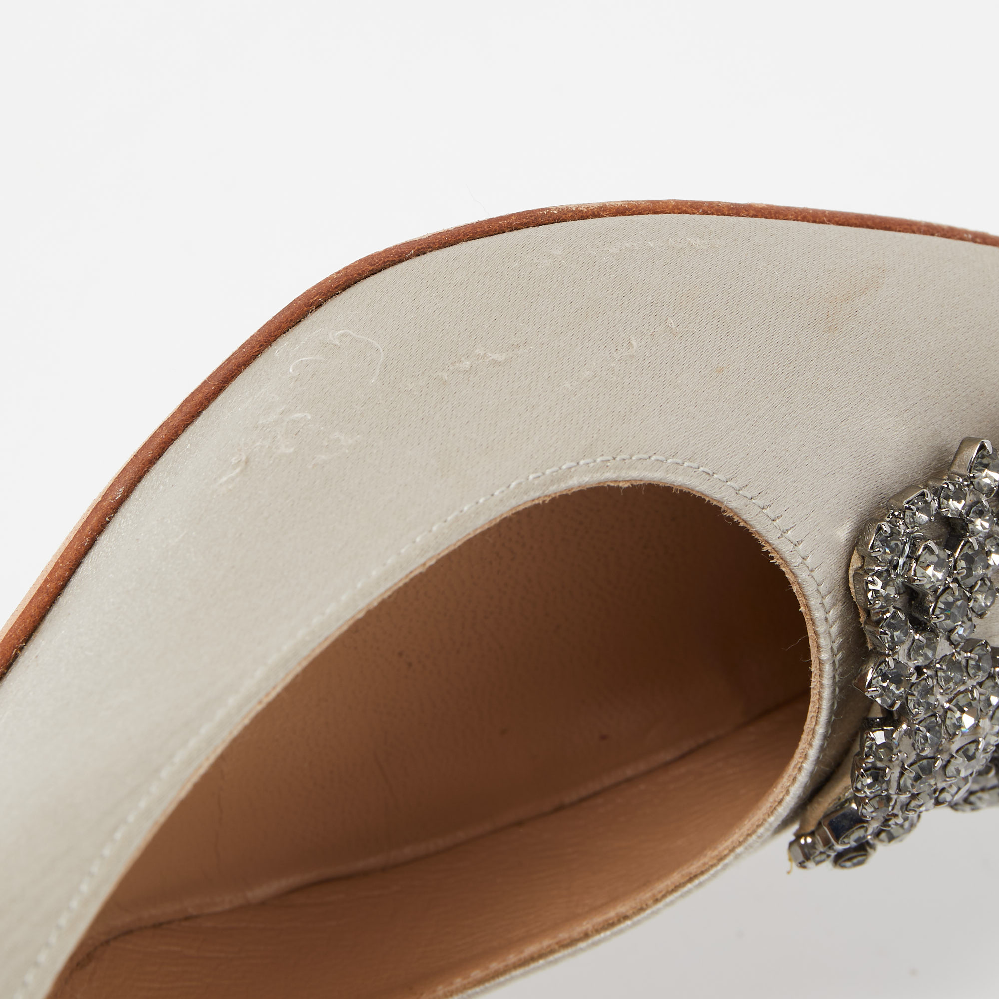 Manolo Blahnik Grey Satin Hangisi Crystals Embellished Pointed Toe Pumps Size 36.5