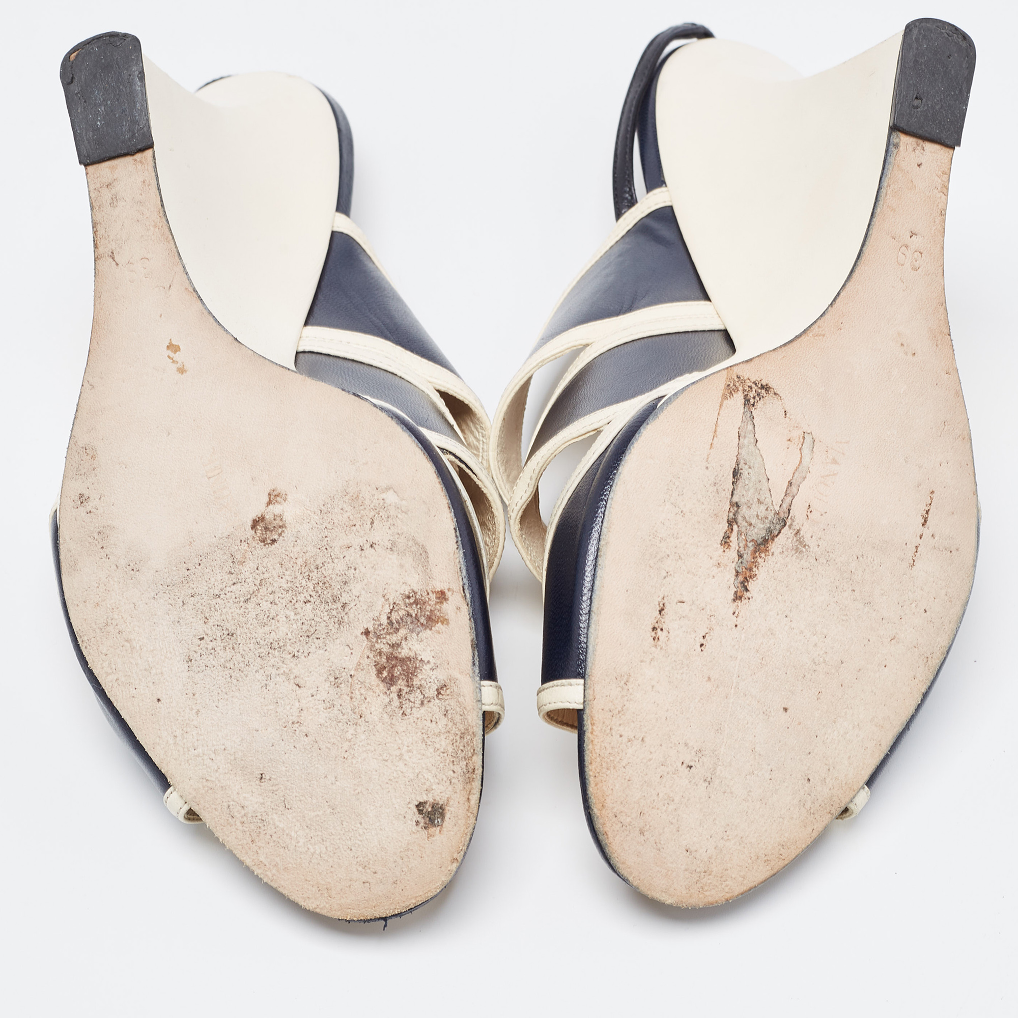 Manolo Blahnik Cream/Blue Leather Wedge Slingback Sandals Size 39