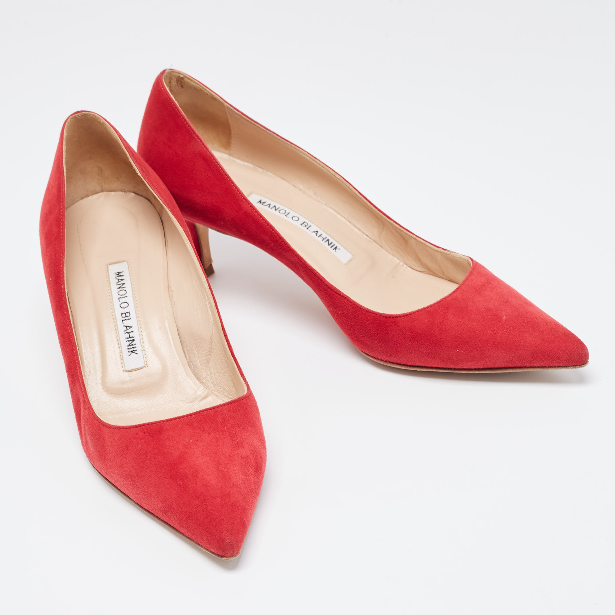 Manolo Blahnik Red Suede BB Pointed Toe Pumps Size 37.5
