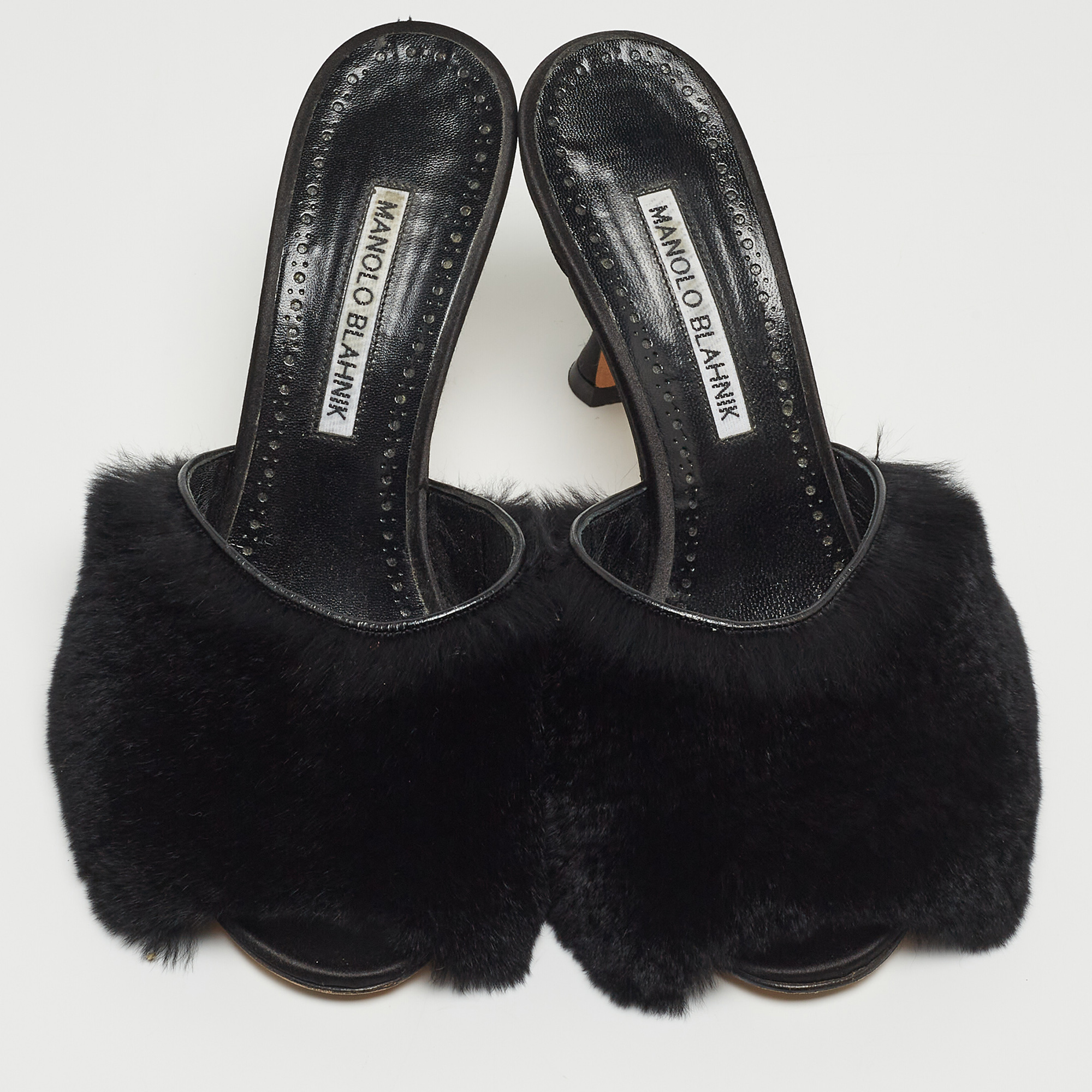 Manolo Blahnik Black Fur Slide Sandals Size 36.5