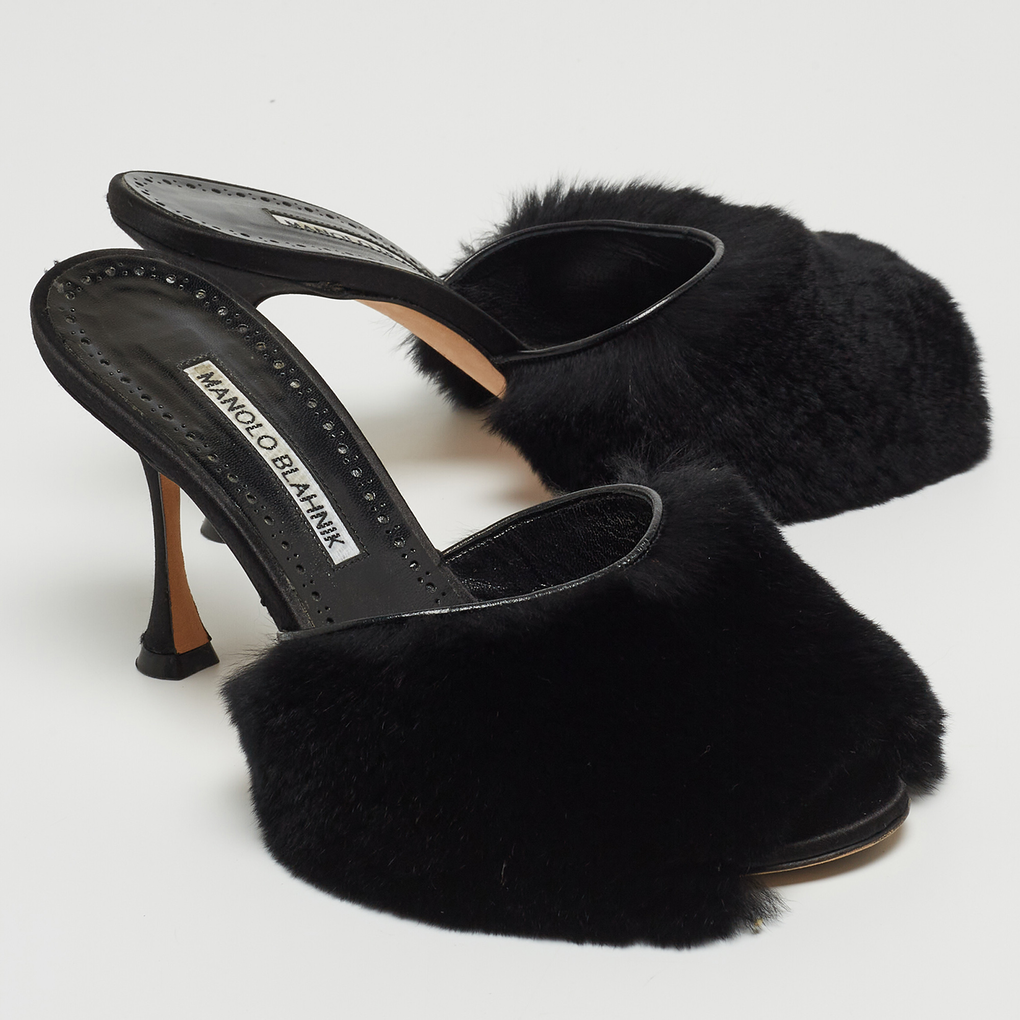 Manolo Blahnik Black Fur Slide Sandals Size 36.5