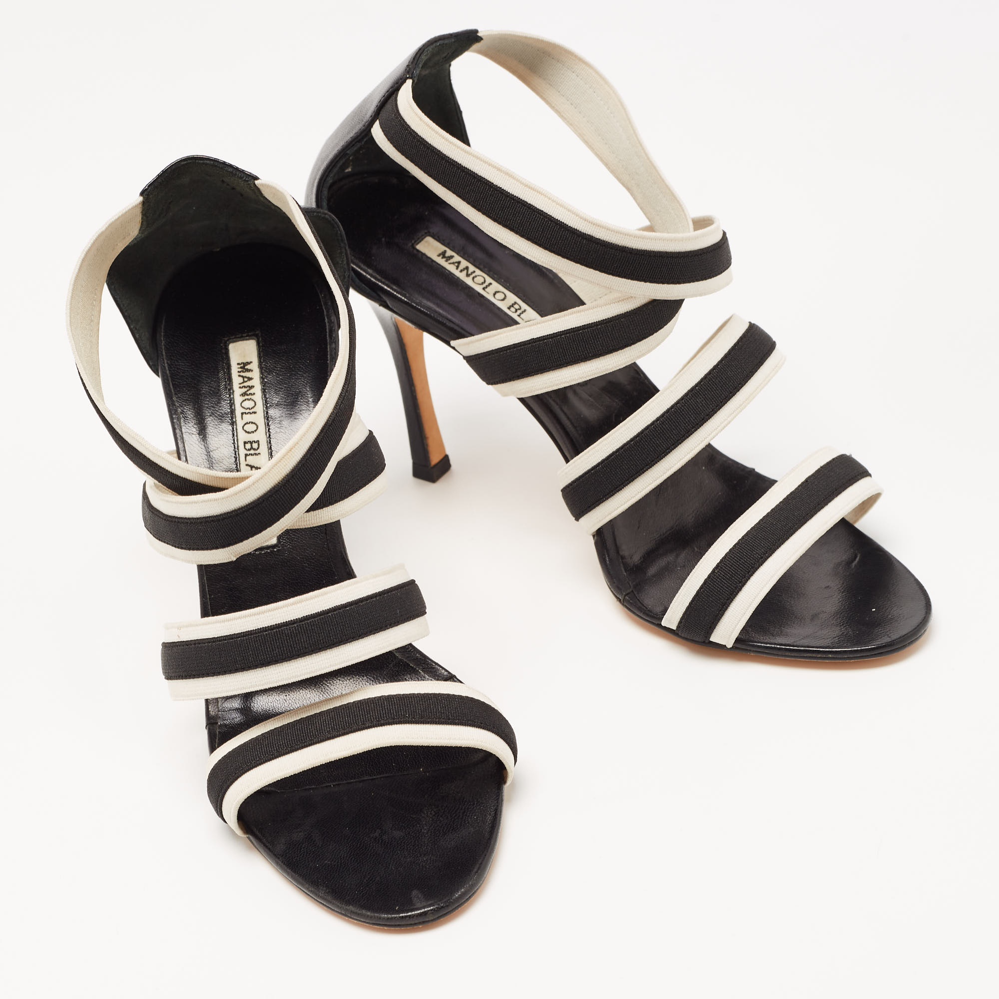 Manolo Blahnik Black/White Striped Elastic And Leather Ankle Strap Sandals Size 36