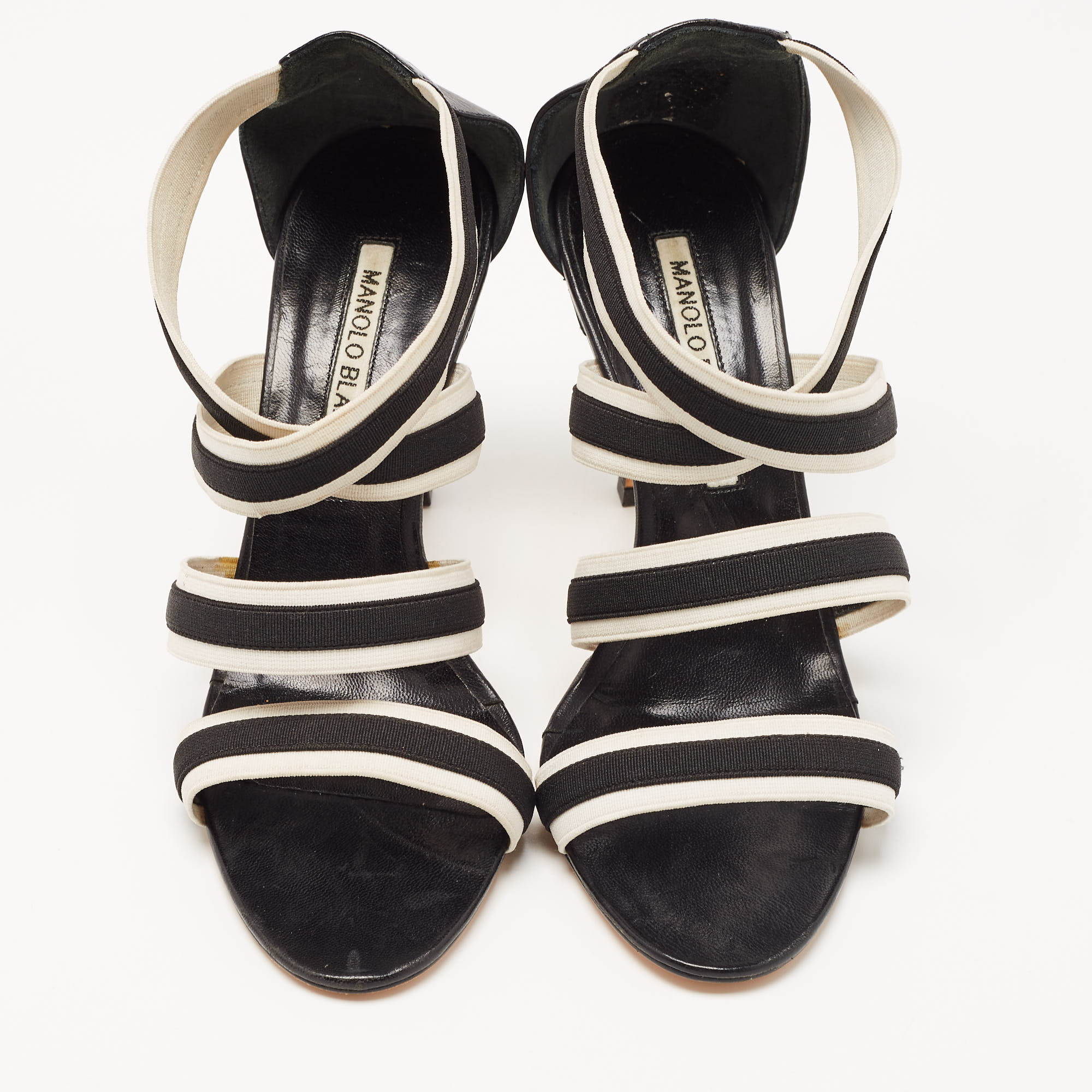 Manolo Blahnik Black/White Striped Elastic And Leather Ankle Strap Sandals Size 36