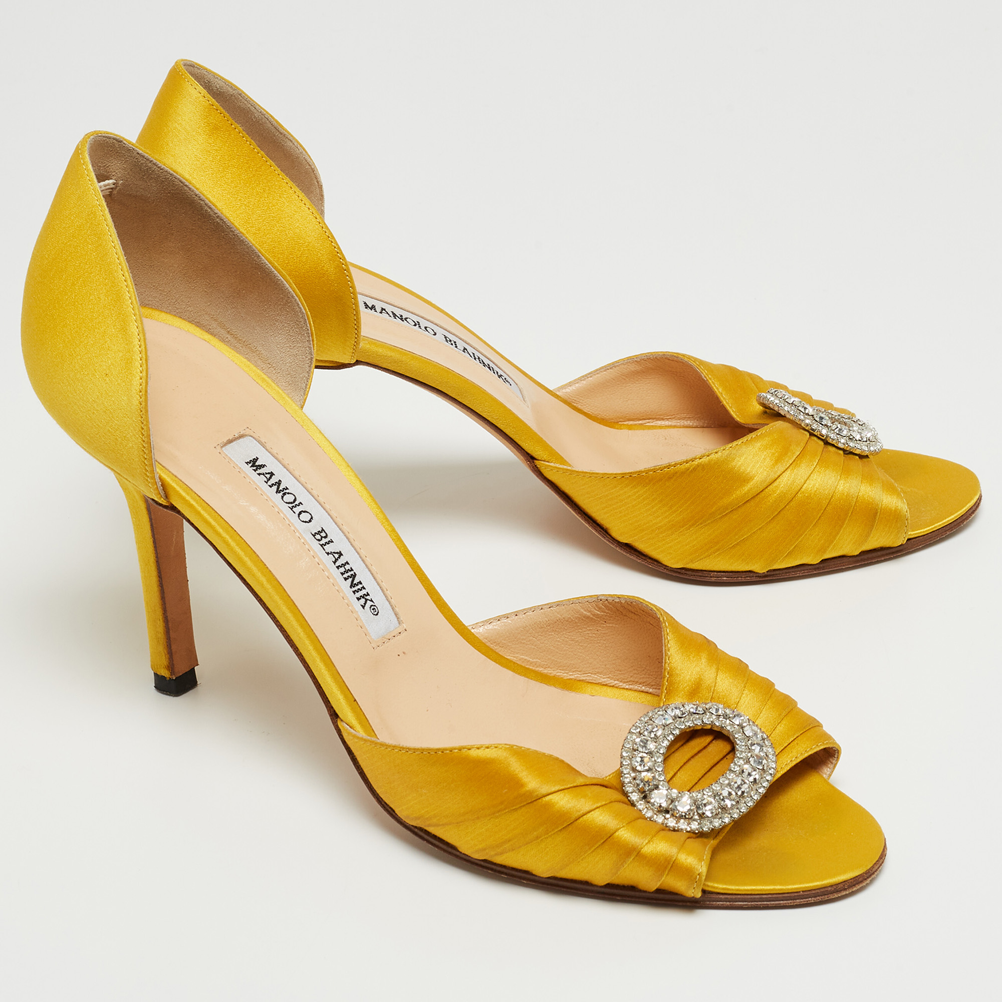 Manolo Blahnik Yellow Pleated Satin Sedaraby D'orsay Sandals Size 39.5