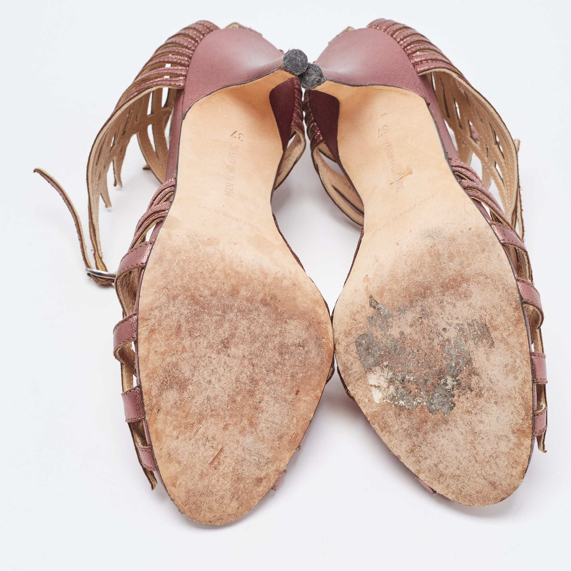 Manolo Blahnik Metallic Leather Ankle Strap Sandals Size 37