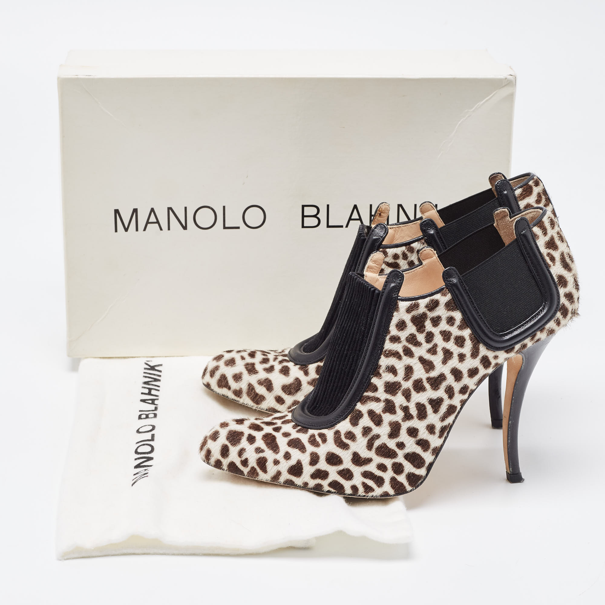 Manolo Blahnik Tricolor Animal Print Calf Hair And Leather Ankle Booties Size 37.5