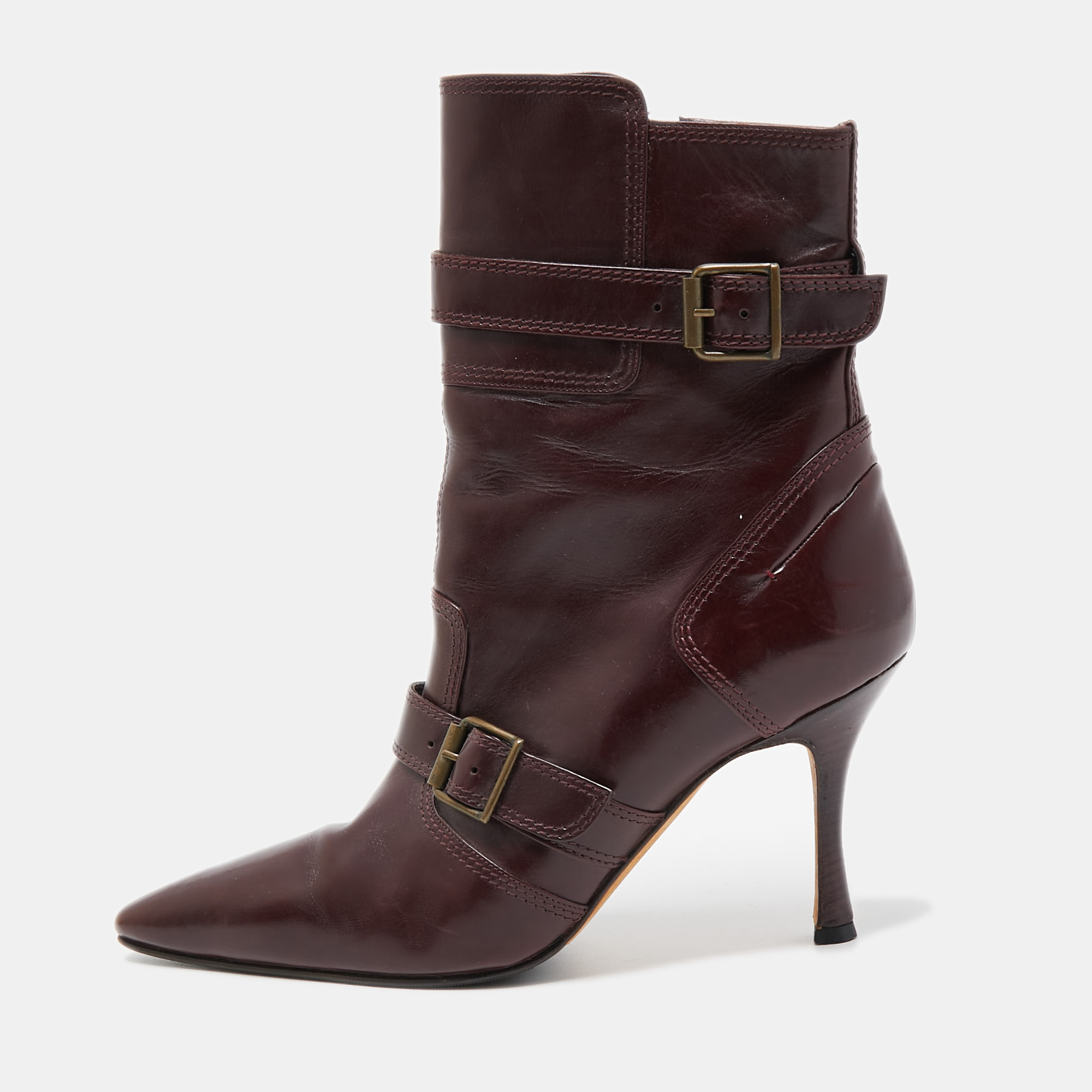 Manolo Blahnik Burgundy Leather Ankle Boots Size 37.5